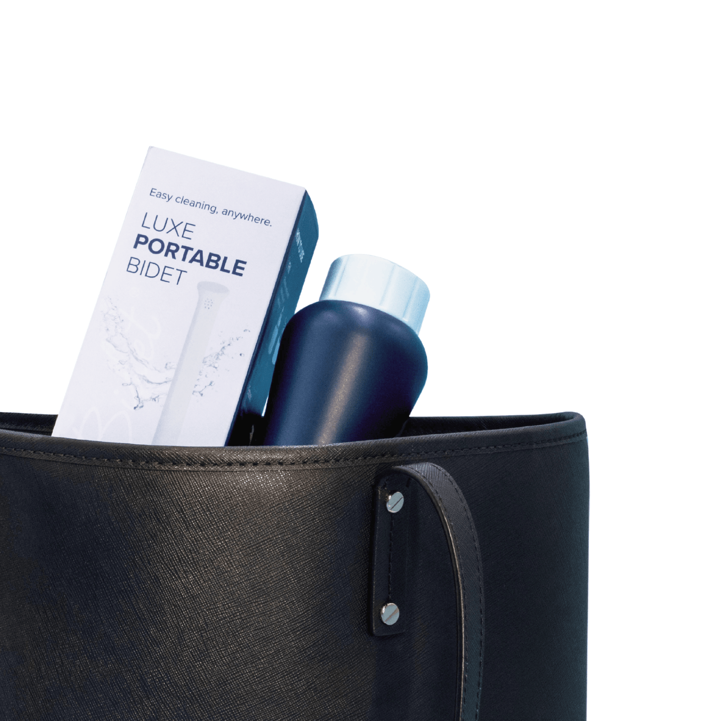LUXE Portable Bidet with its packaging in a purse. *Purse not included