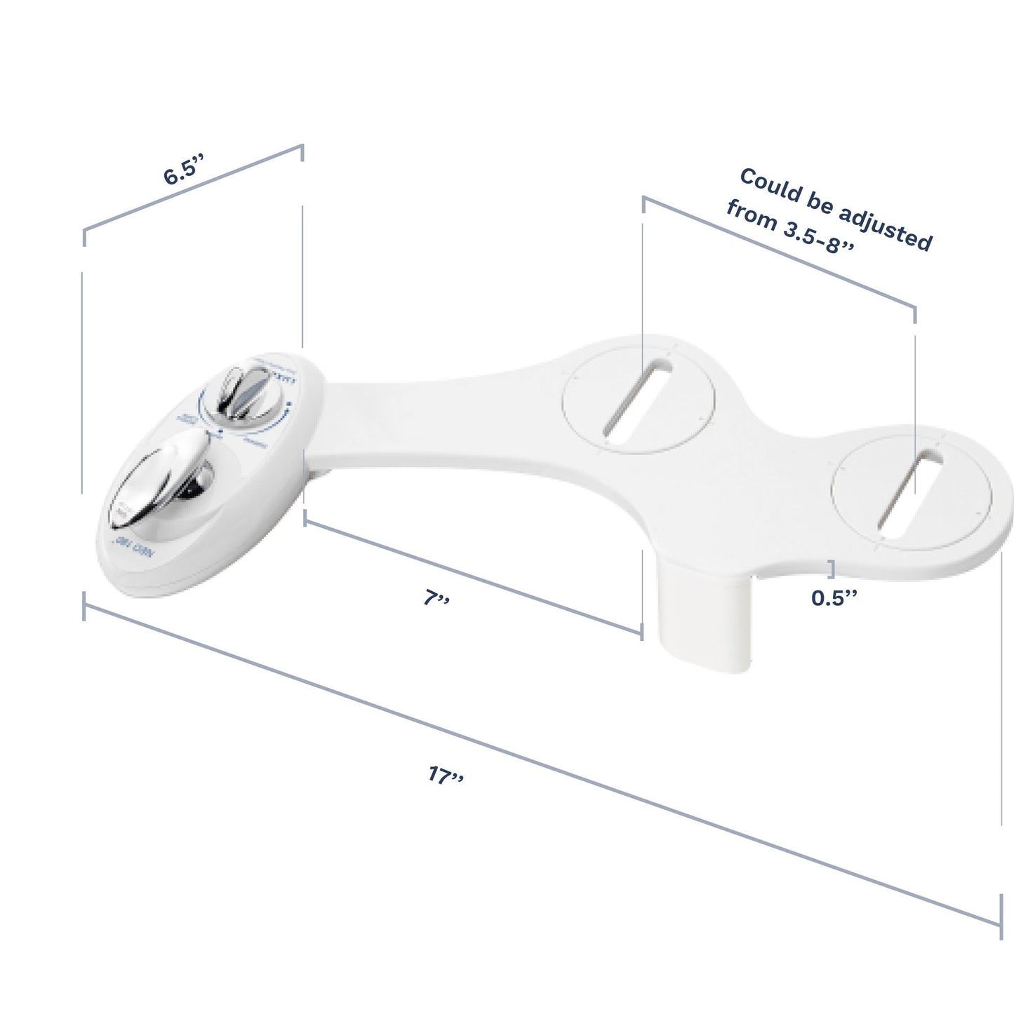 NEO Measurements: 17" long bidet, 6.5" long control panel, 7" distance between control panel to guard gate, and 0.5" thick