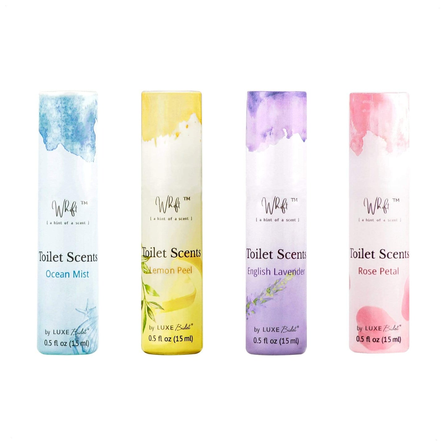 4 pack of 15 mL Whift Toilet Scents Drops: Ocean Mist, Lemon Peel, English Lavender, Rose Petal