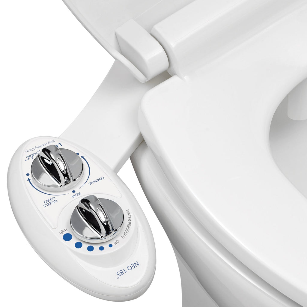 NEO 185 White installed on a toilet, open lid