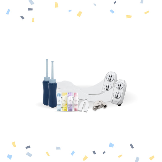 NEO Plus Bundle with 2 NEO 120 Plus in Chrome, 2 Portable Bidets, a Whift Toilet Scents Travel Pack, and a Tear-shaped Shut-off T-Adapter.