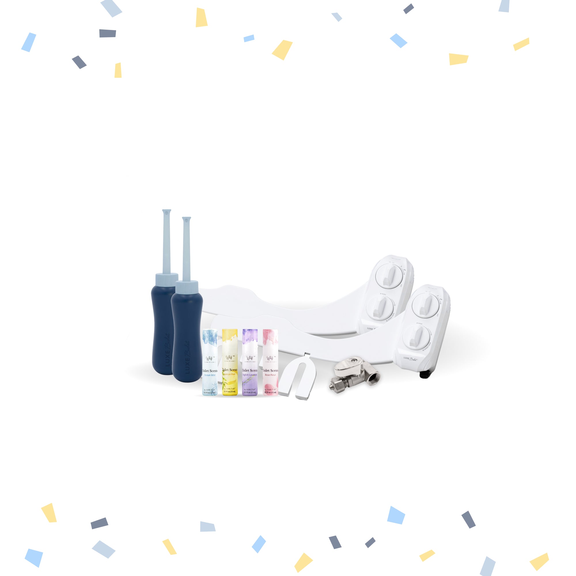 NEO Plus Bundle with 2 NEO 120 Plus in White, 2 Portable Bidets, a Whift Toilet Scents Travel Pack, and a Tear-shaped Shut-off T-Adapter.