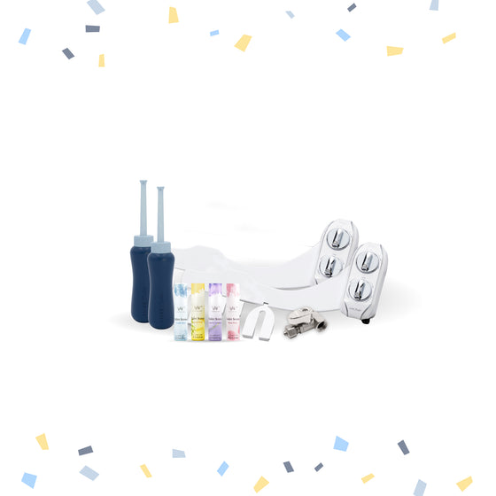 NEO Plus Bundle with 2 NEO 120 Plus in Chrome, 2 Portable Bidets, a Whift Toilet Scents Travel Pack, and a Tear-shaped Shut-off T-Adapter.