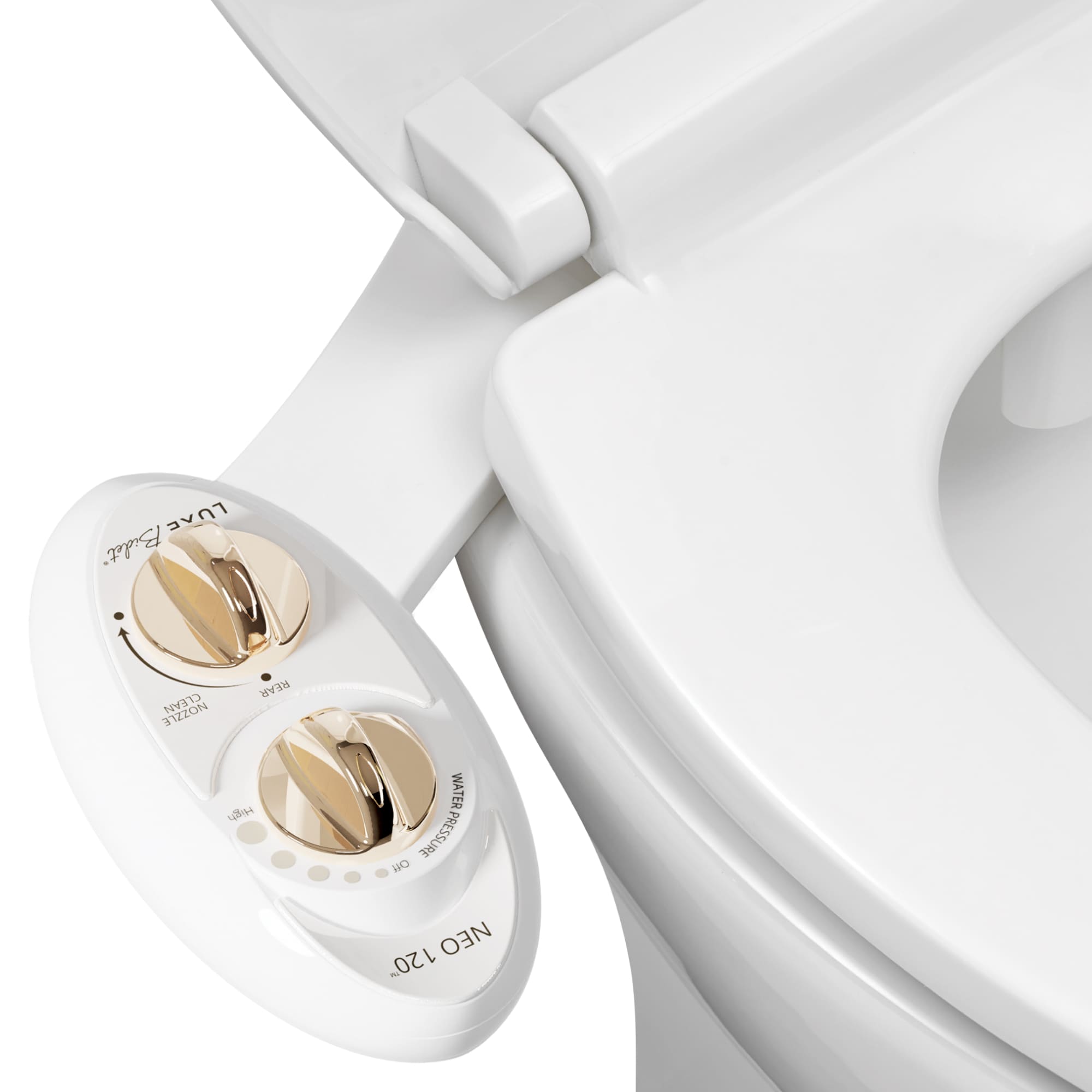 NEO 120 Gold installed on a toilet, open lid