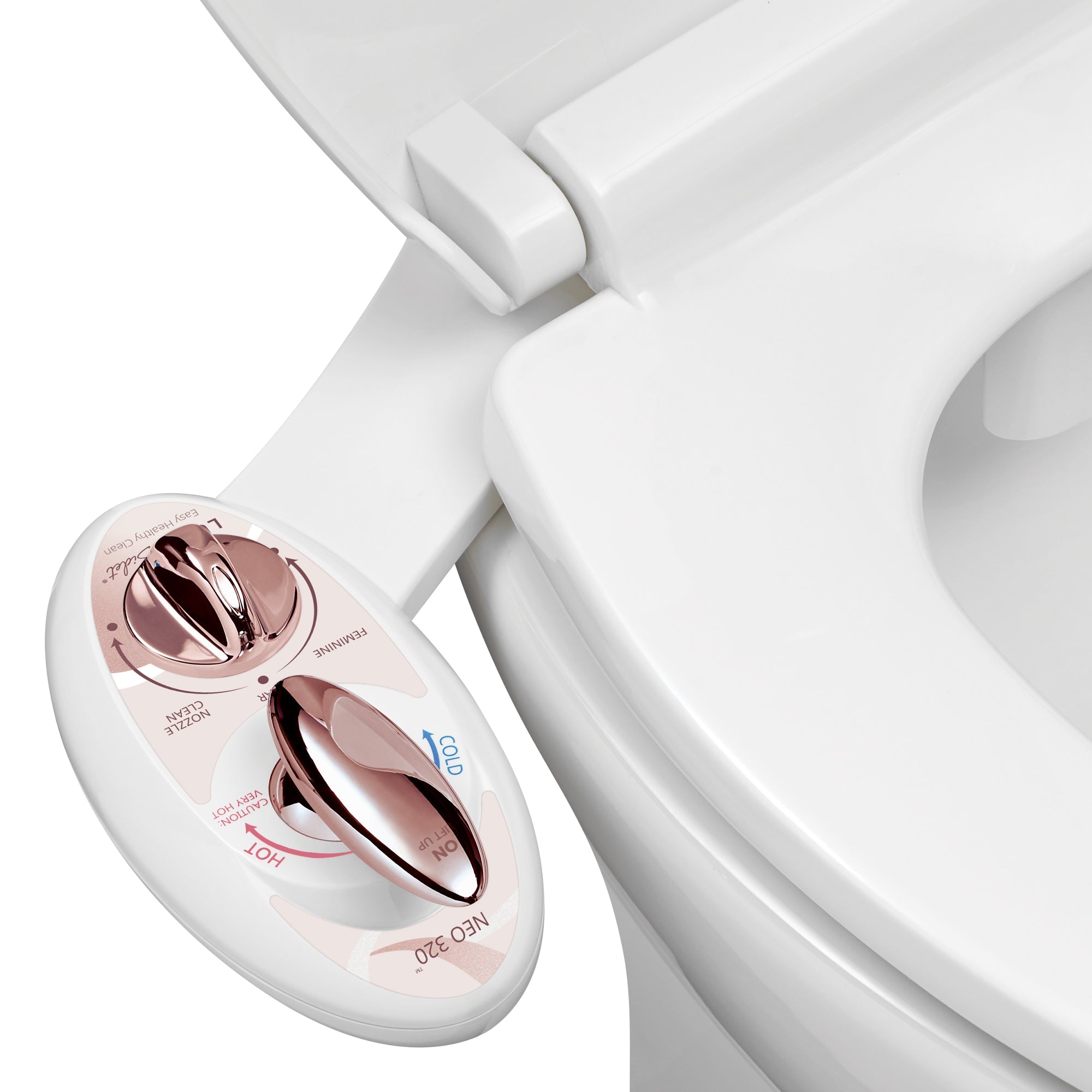 NEO 320: Imperfect Packaging - NEO 320 Rose Gold installed on a toilet, open lid