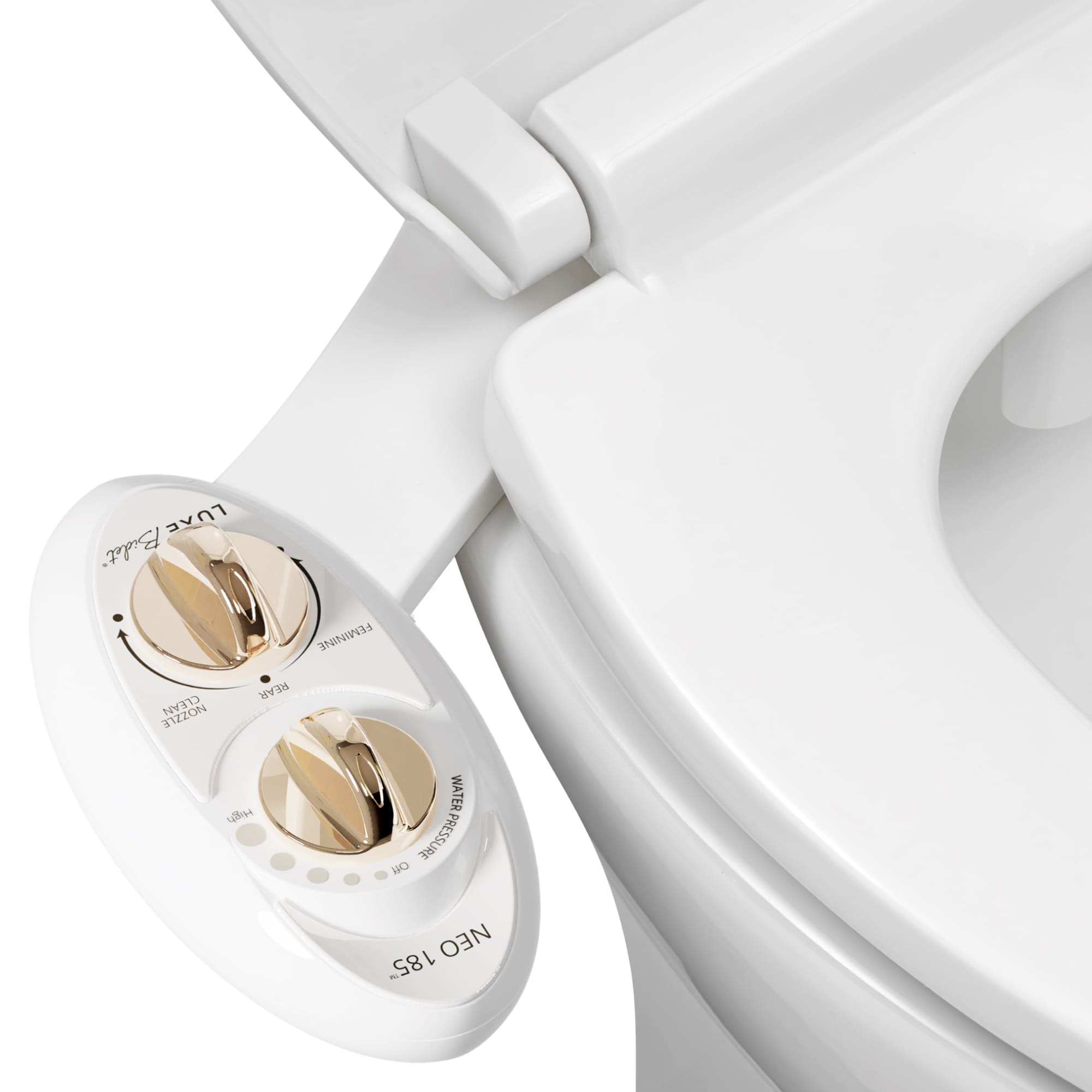 NEO 185 Gold installed on a toilet, open lid