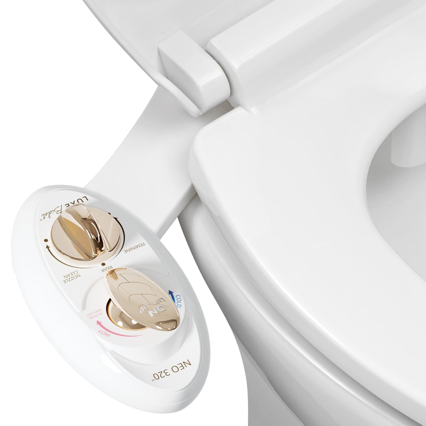 NEO 320 Gold installed on a toilet, open lid