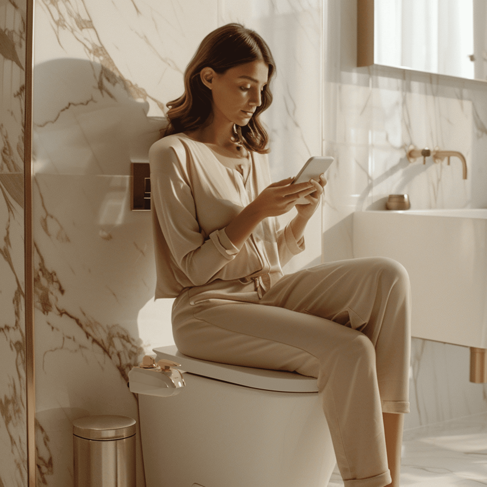 Woman sitting on the toilet in a modern bathroom with a NEO 320 Plus bidet installed