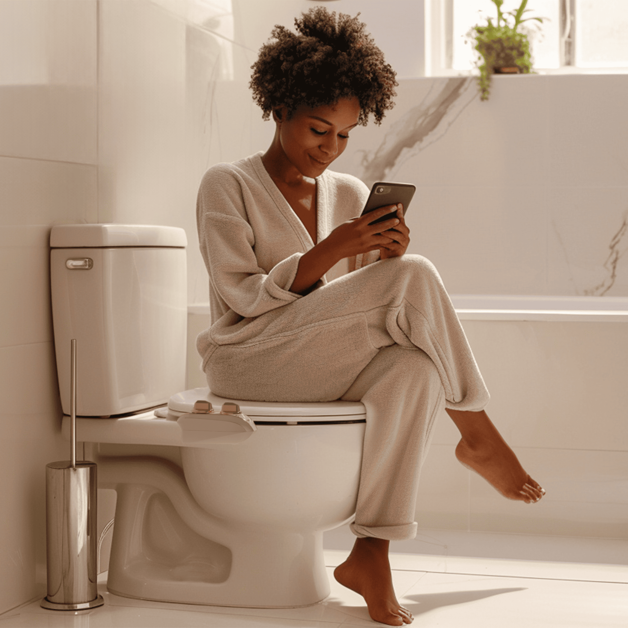 Woman sitting on the toilet in a modern bathroom with a NEO 185 Plus bidet installed