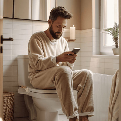 Man sitting on the toilet in a modern bathroom with a NEO 120 Plus bidet installed