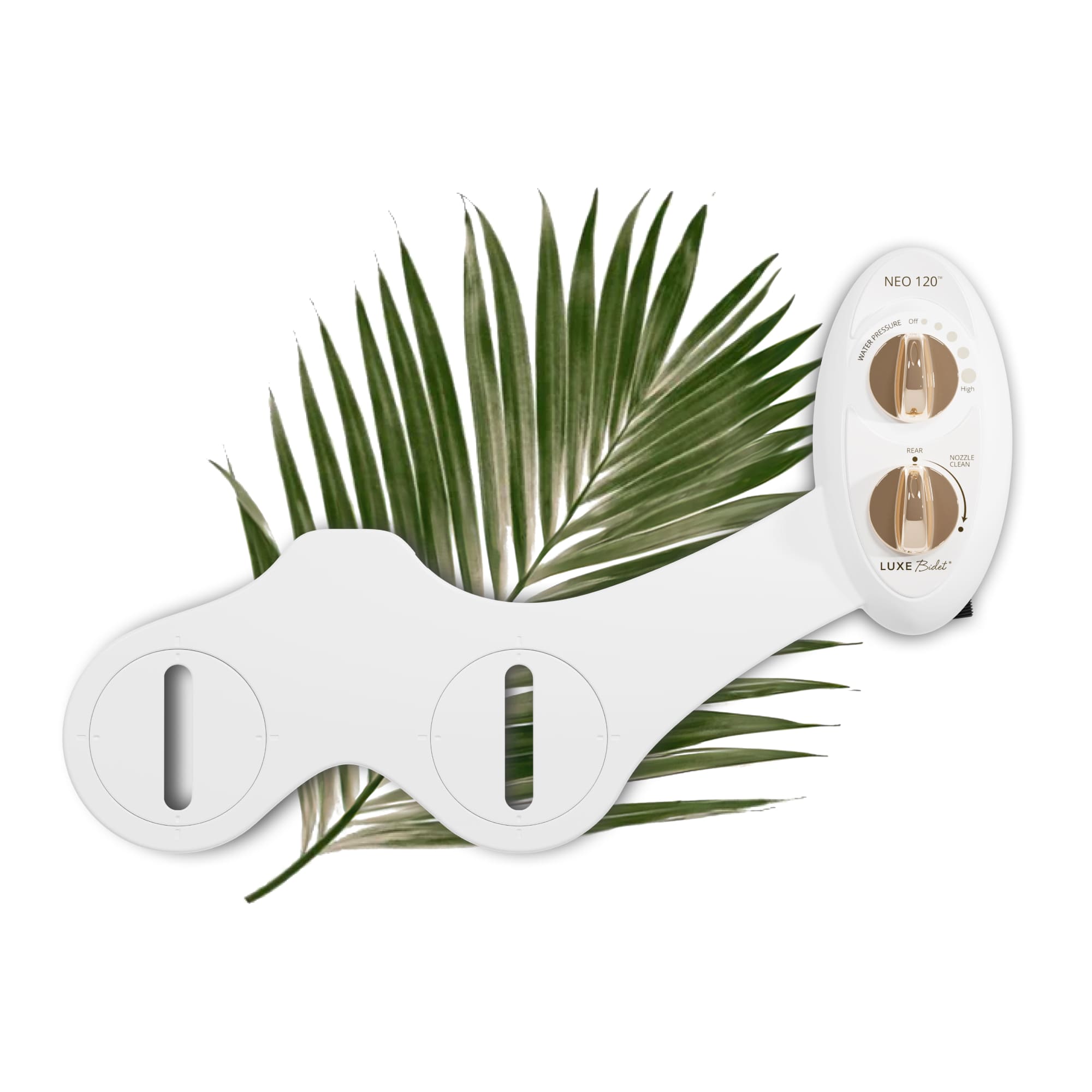 NEO 120 Gold bidet body shown with a leaf background