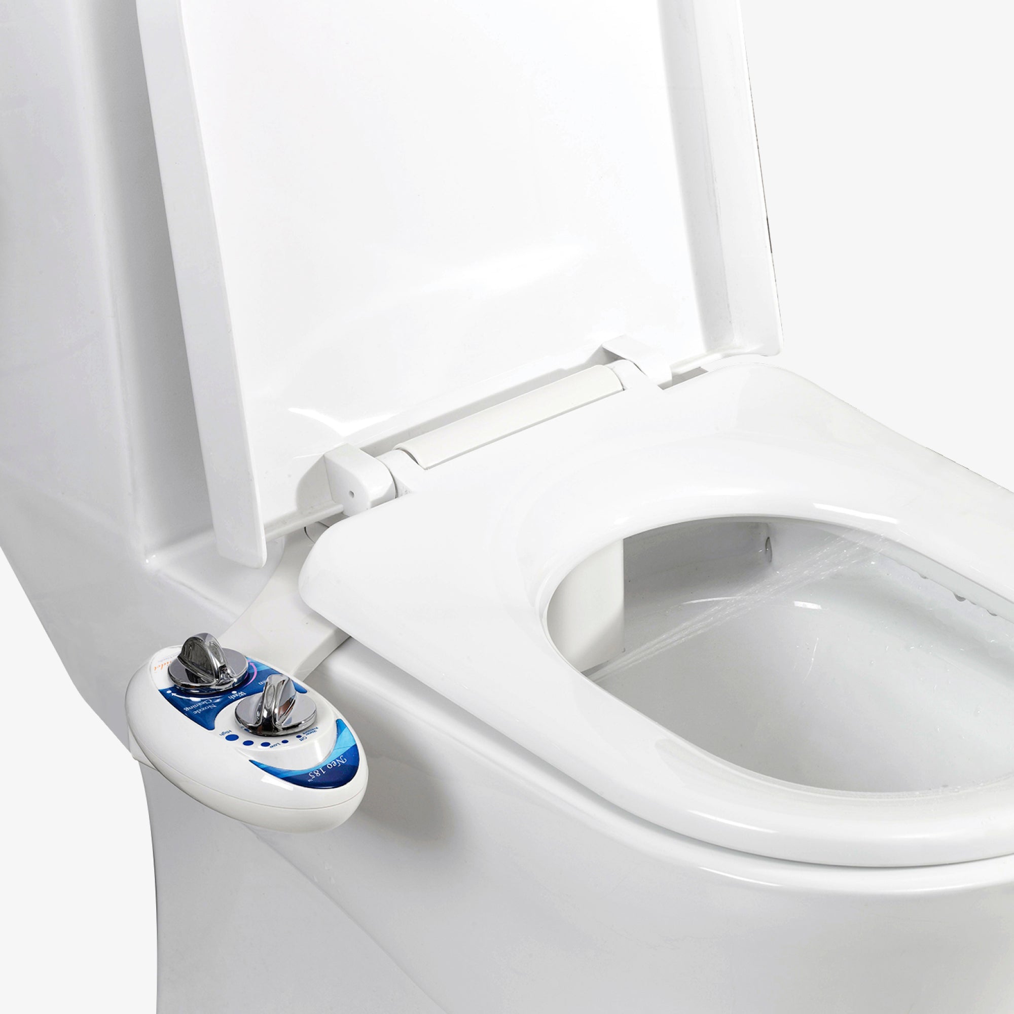 NEO 185: Imperfect Packaging - NEO 185 Blue installed on a toilet with water spraying from nozzles