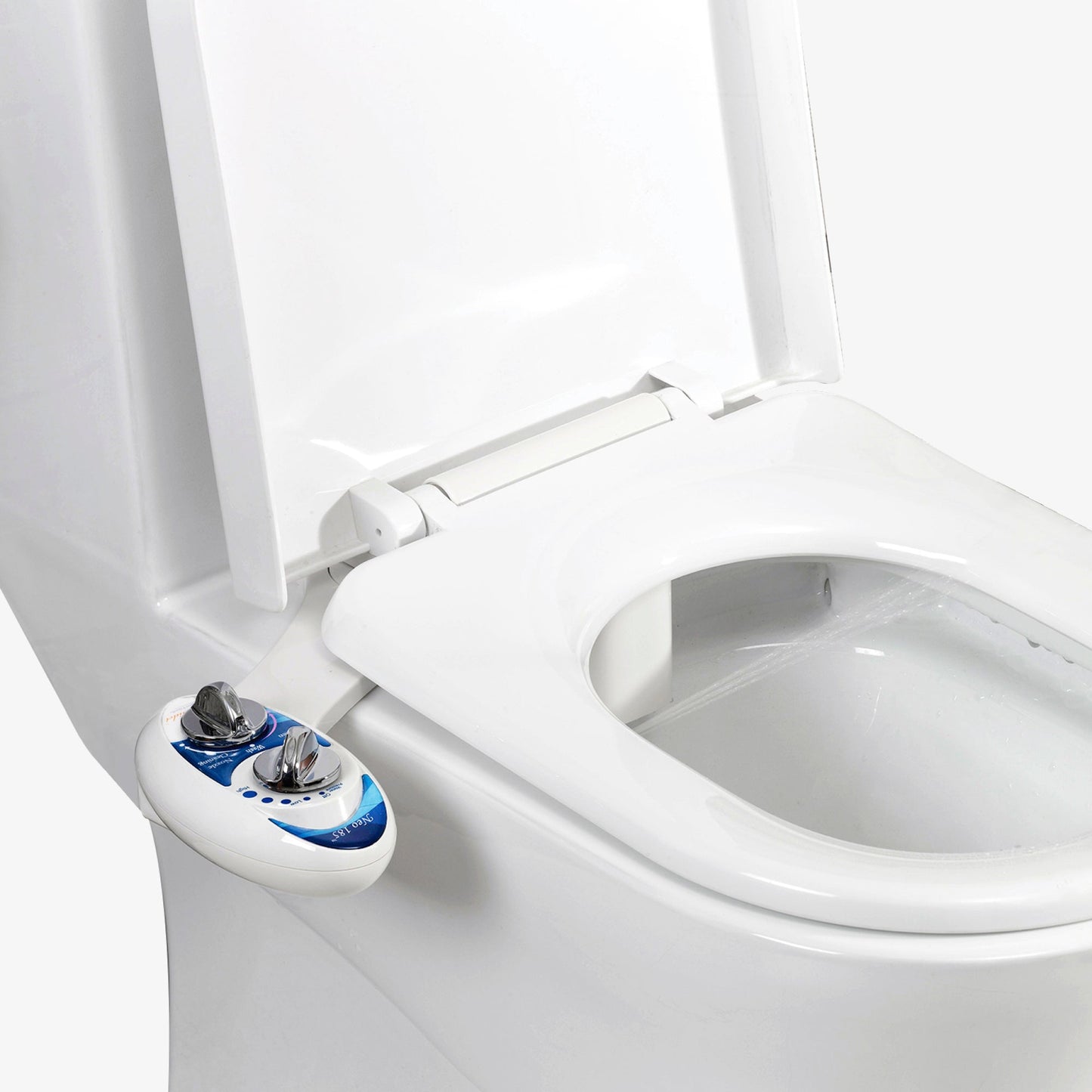 NEO 185 Blue installed on a toilet with water spraying from nozzles
