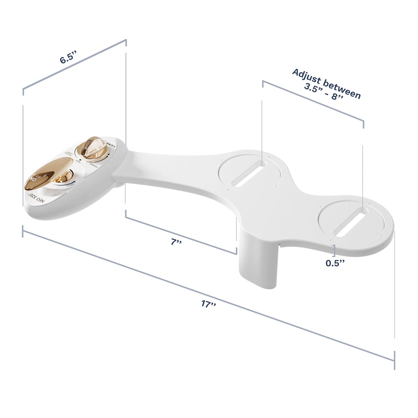 NEO Measurements: 17" long bidet, 6.5" long control panel, 7" distance between control panel to guard gate, and 0.5" thick