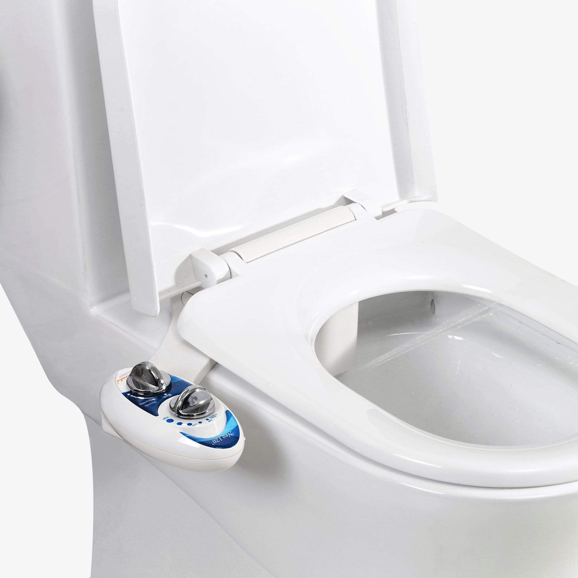 NEO 120: Imperfect Packaging - NEO 120 Blue installed on a toilet with water spraying from nozzles