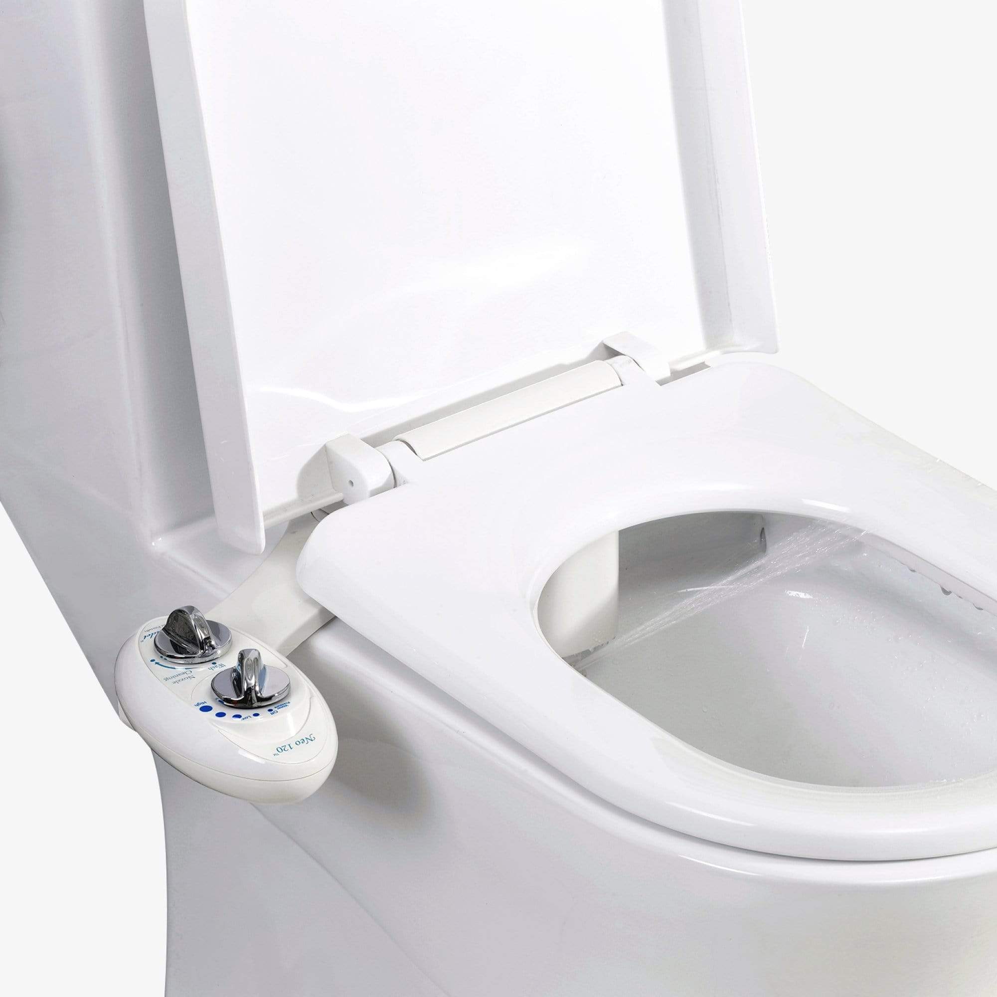NEO 120: Imperfect Packaging - NEO 120 White installed on a toilet with water spraying from nozzles