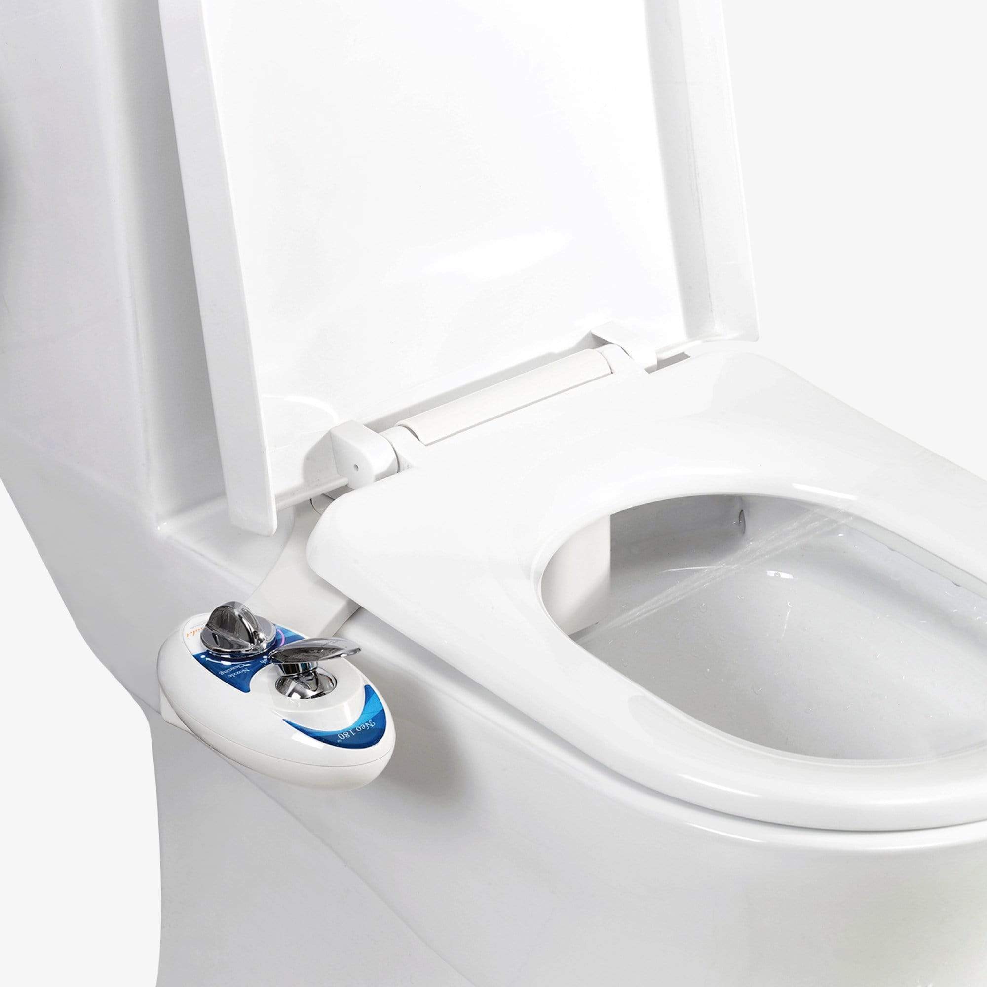 NEO 180: Imperfect Packaging - NEO 180 Blue installed on a toilet with water spraying from nozzles