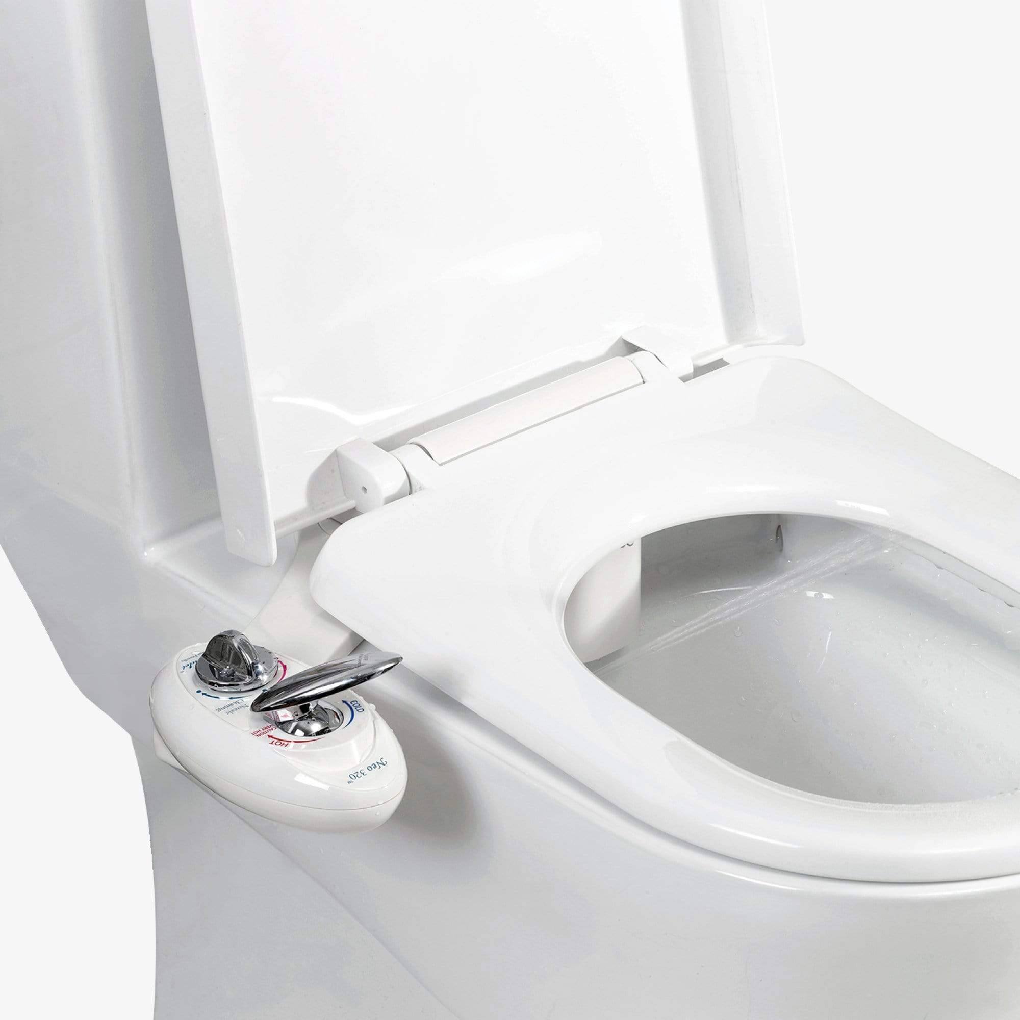 NEO 320: Imperfect Packaging - NEO 320 White installed on a toilet with water spraying from nozzles