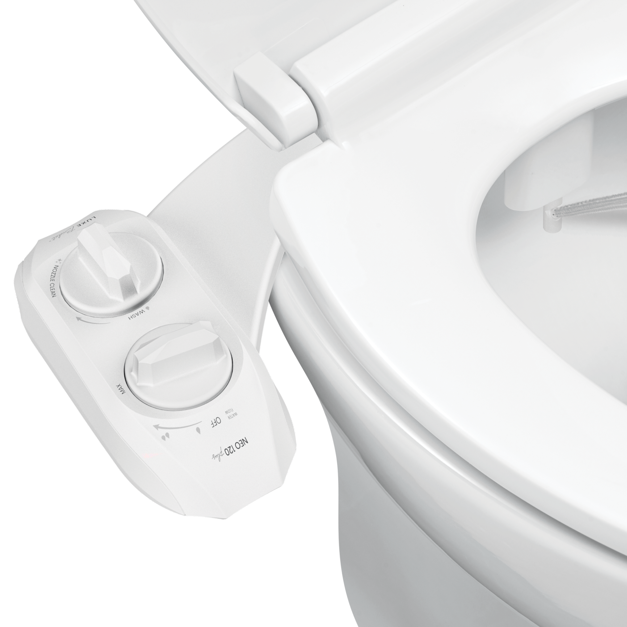 NEO 120 Plus: Imperfect Packaging - NEO 120 Plus White installed on a toilet with water spraying from nozzles