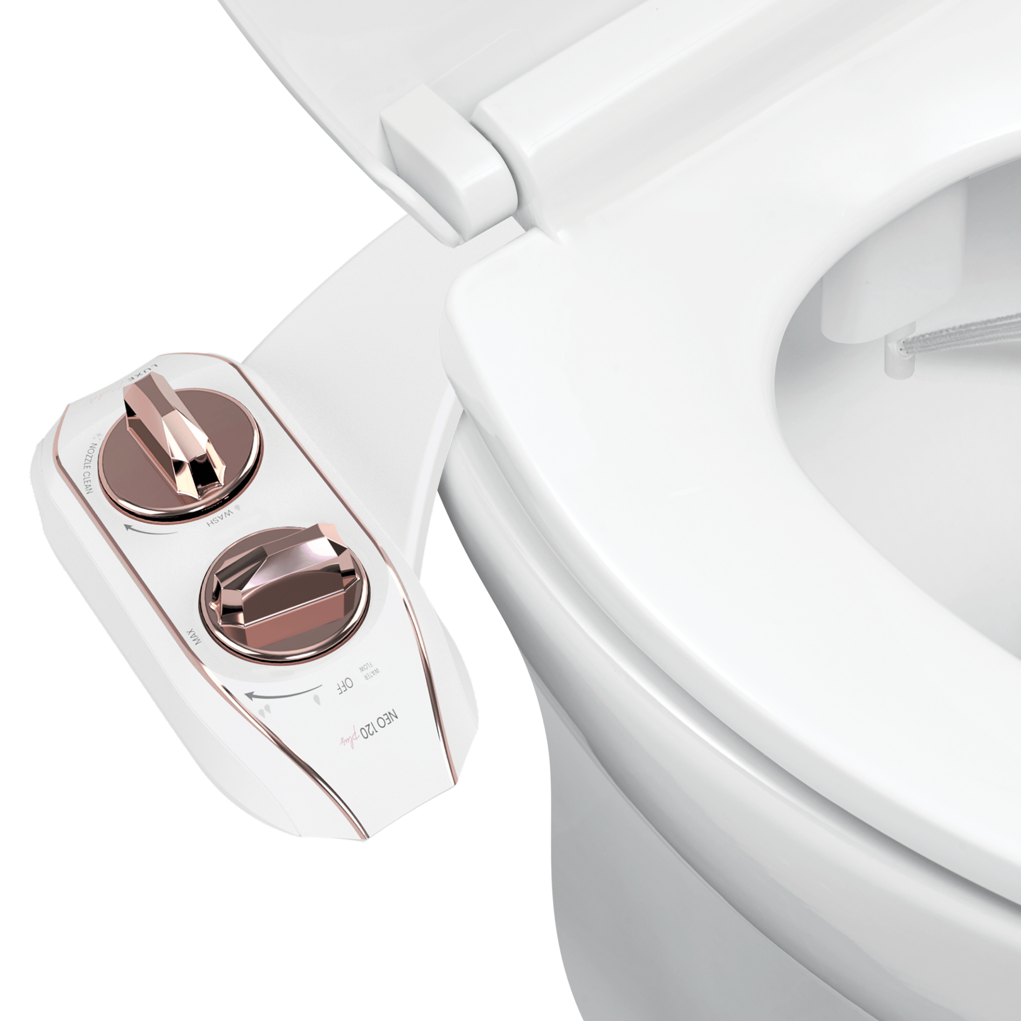 NEO 120 Plus: Imperfect Packaging - NEO 120 Plus Rose Gold installed on a toilet with water spraying from nozzles