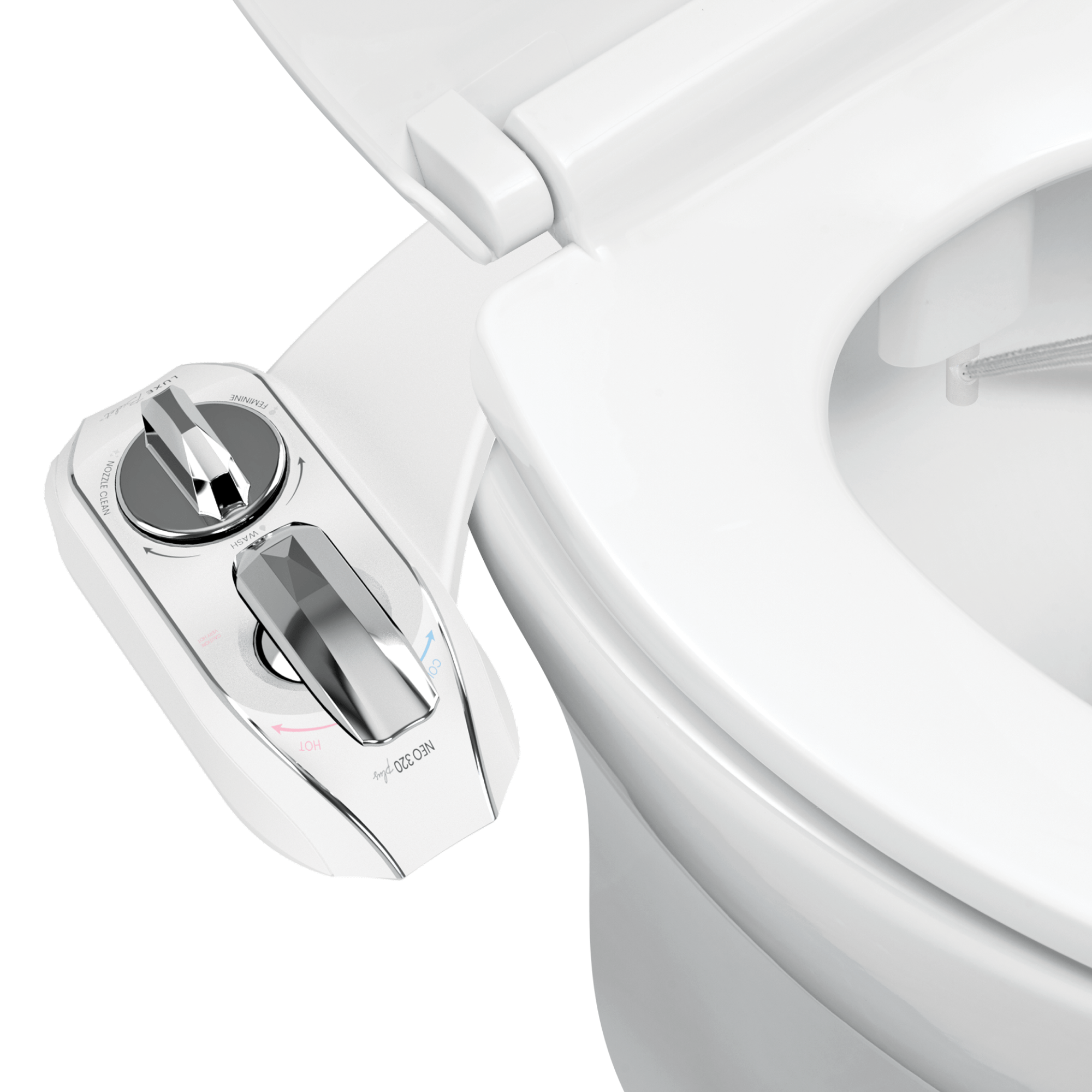NEO 320 Plus: Imperfect Packaging - NEO 320 Plus Chrome installed on a toilet with water spraying from nozzles