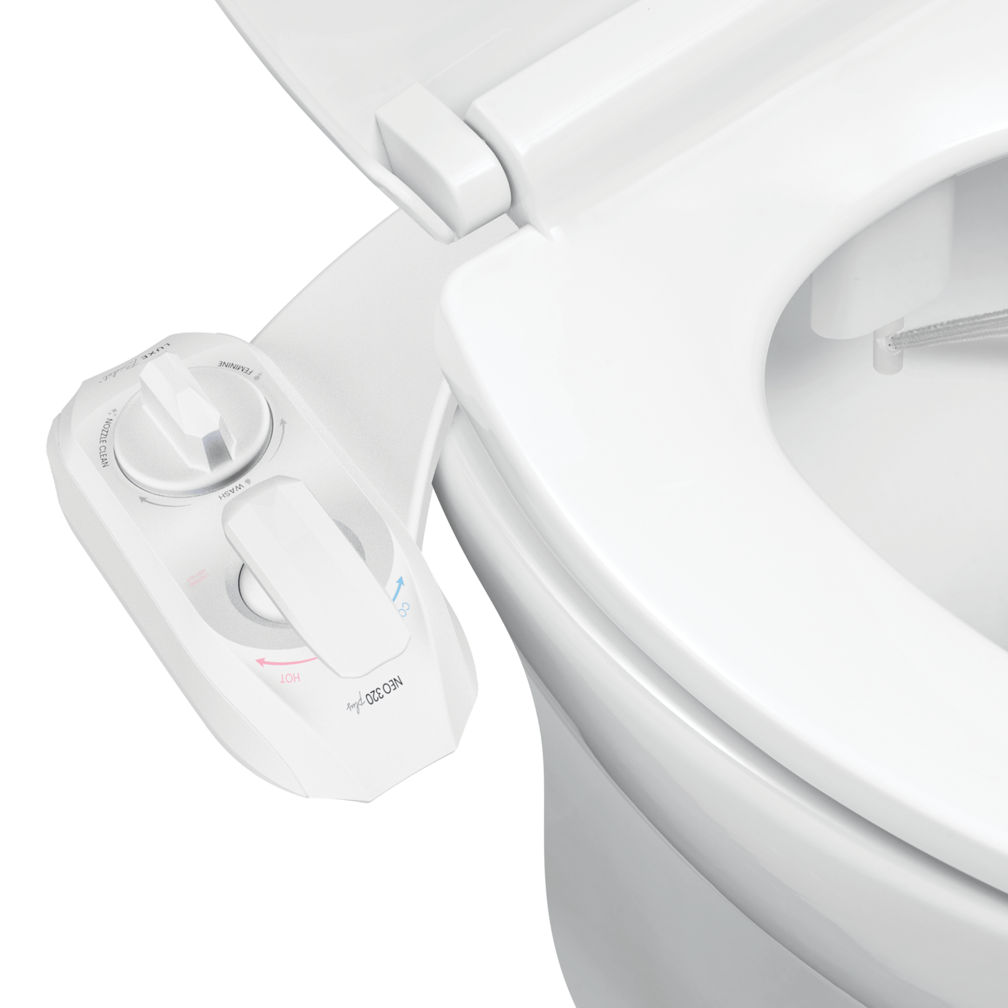 NEO 320 Plus White installed on a toilet with water spraying from nozzles