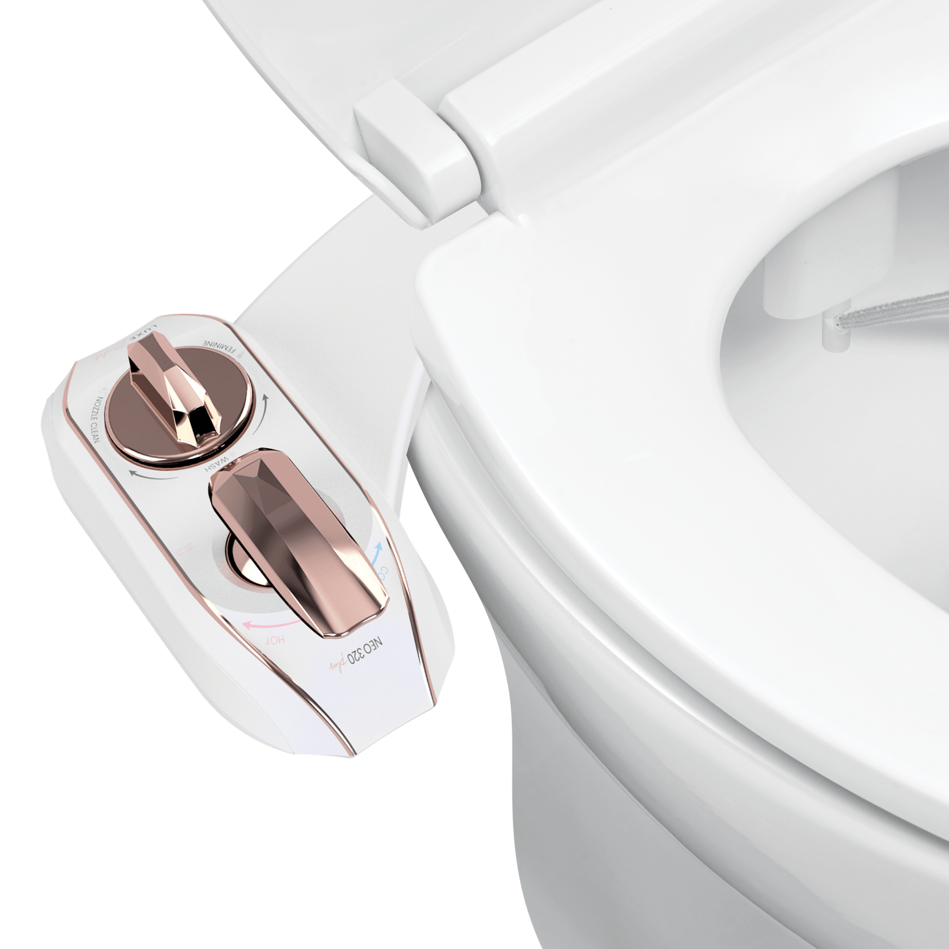NEO 320 Plus Rose Gold installed on a toilet with water spraying from nozzles