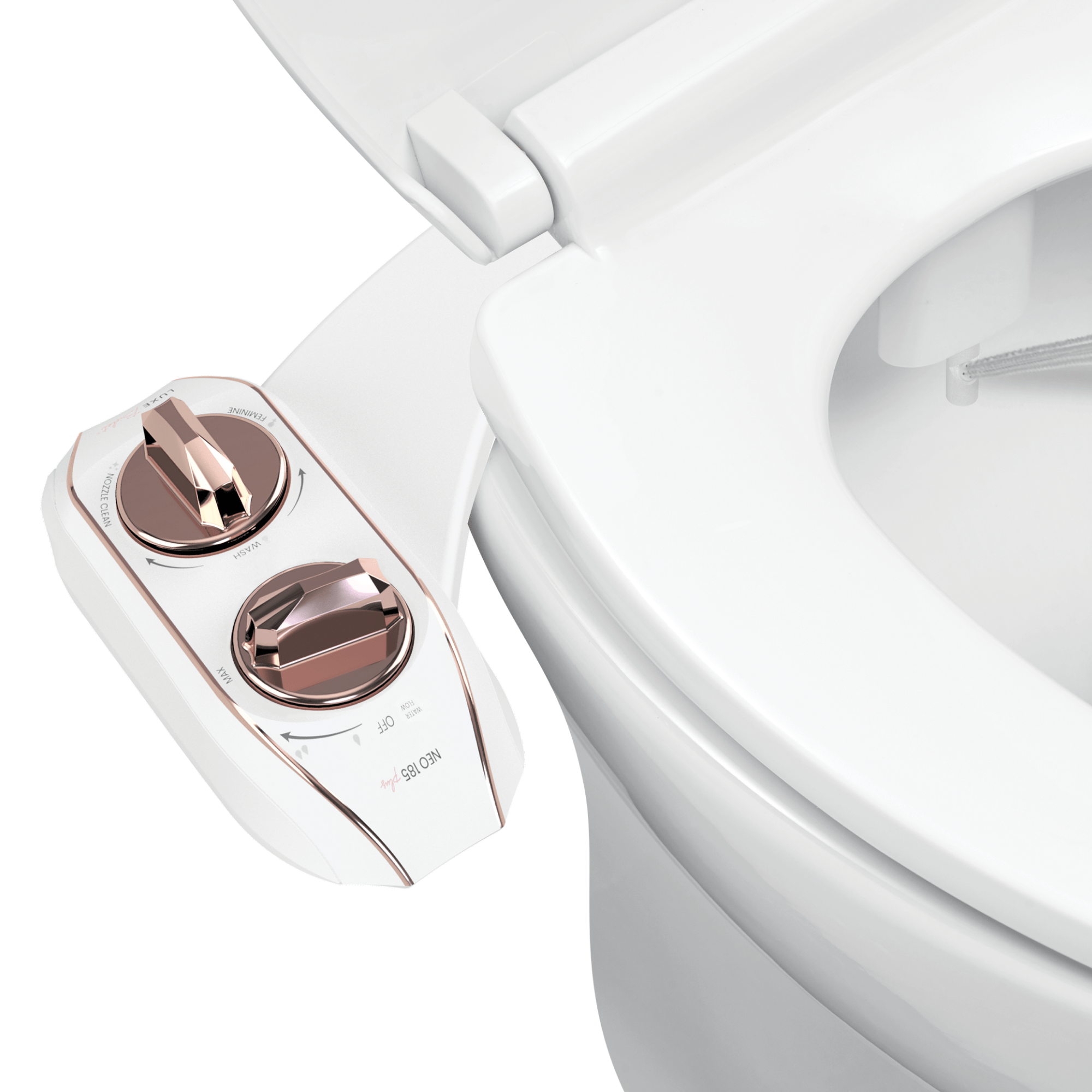 NEO 185 Plus: Imperfect Packaging - NEO 185 Plus Rose Gold installed on a toilet with water spraying from nozzles