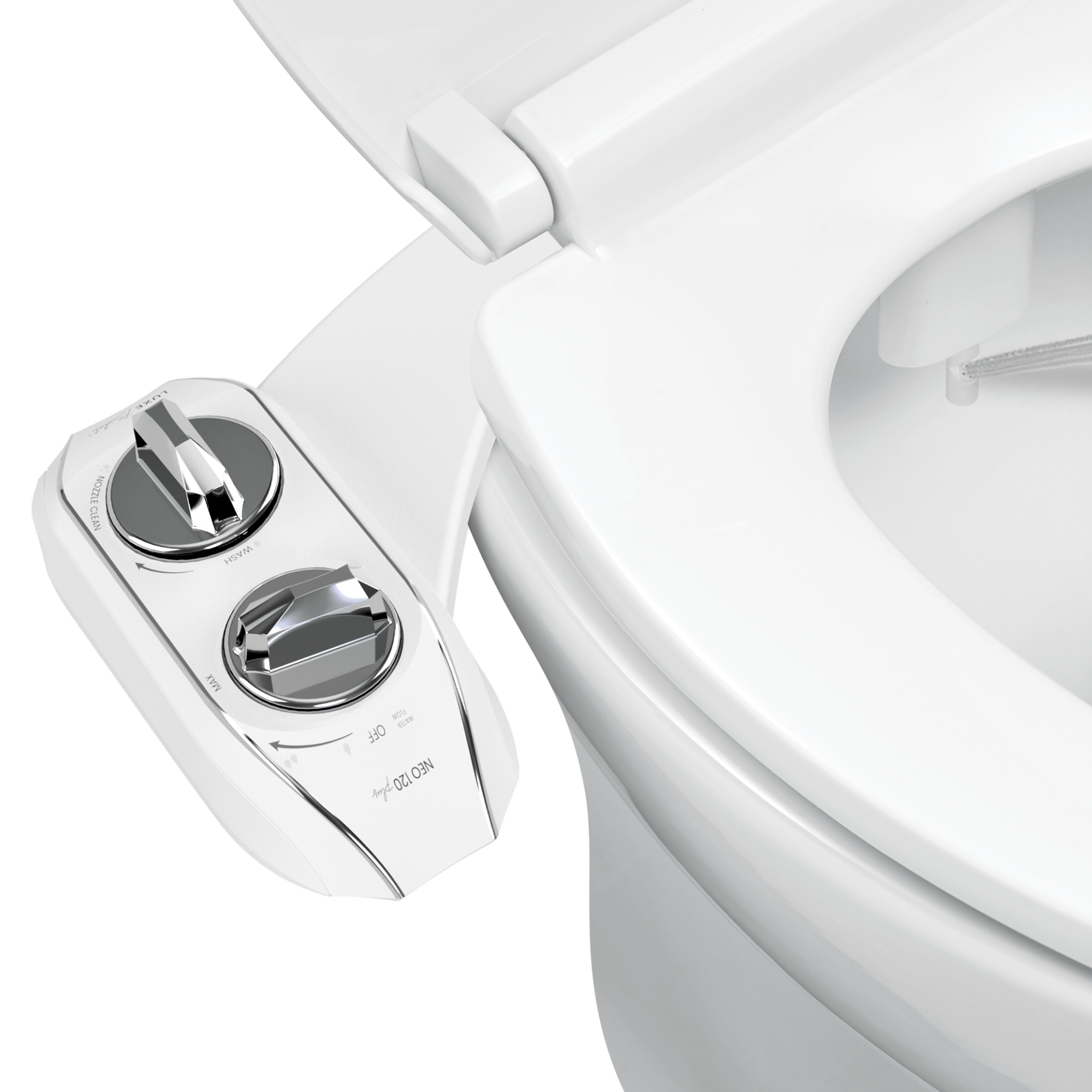 NEO 120 Plus: Imperfect Packaging - NEO 120 Plus Chrome installed on a toilet with water spraying from nozzles