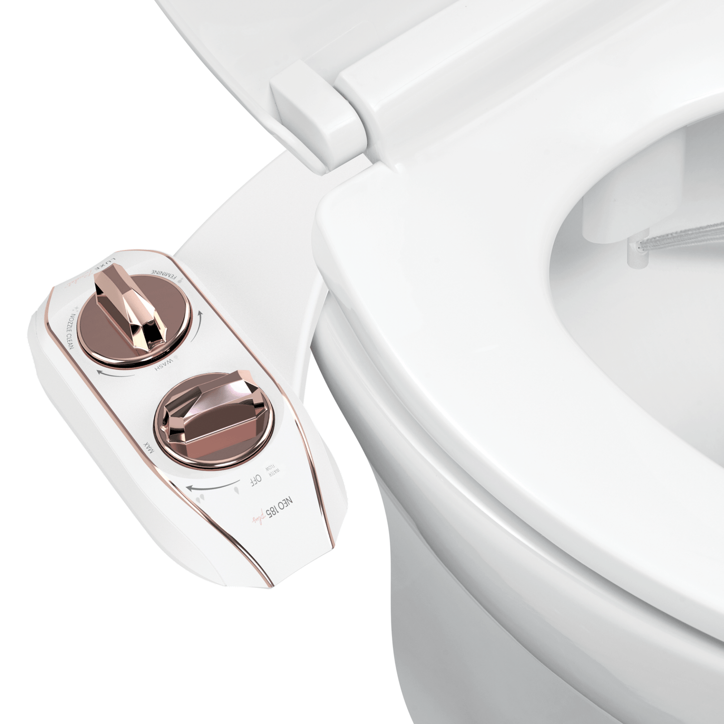 NEO 185 Plus Rose Gold installed on a toilet with water spraying from nozzles