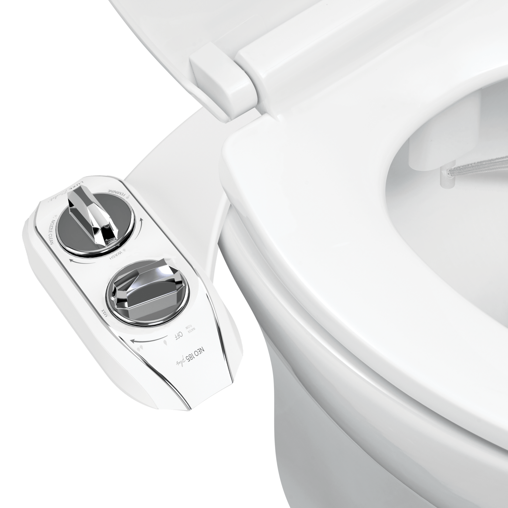 NEO 185 Plus: Imperfect Packaging - NEO 185 Plus Chrome installed on a toilet with water spraying from nozzles