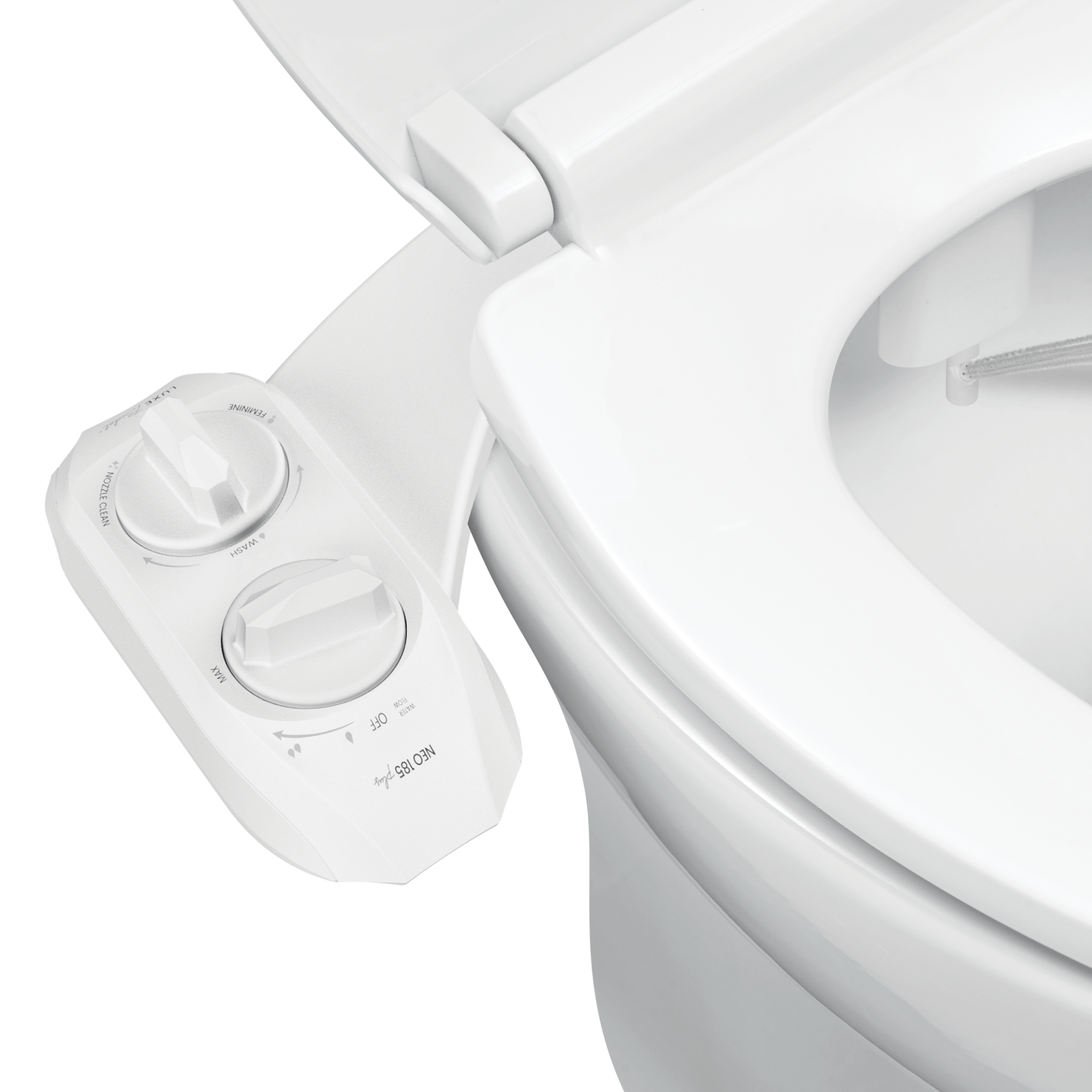 NEO 185 Plus: Imperfect Packaging - NEO 185 Plus White installed on a toilet with water spraying from nozzles