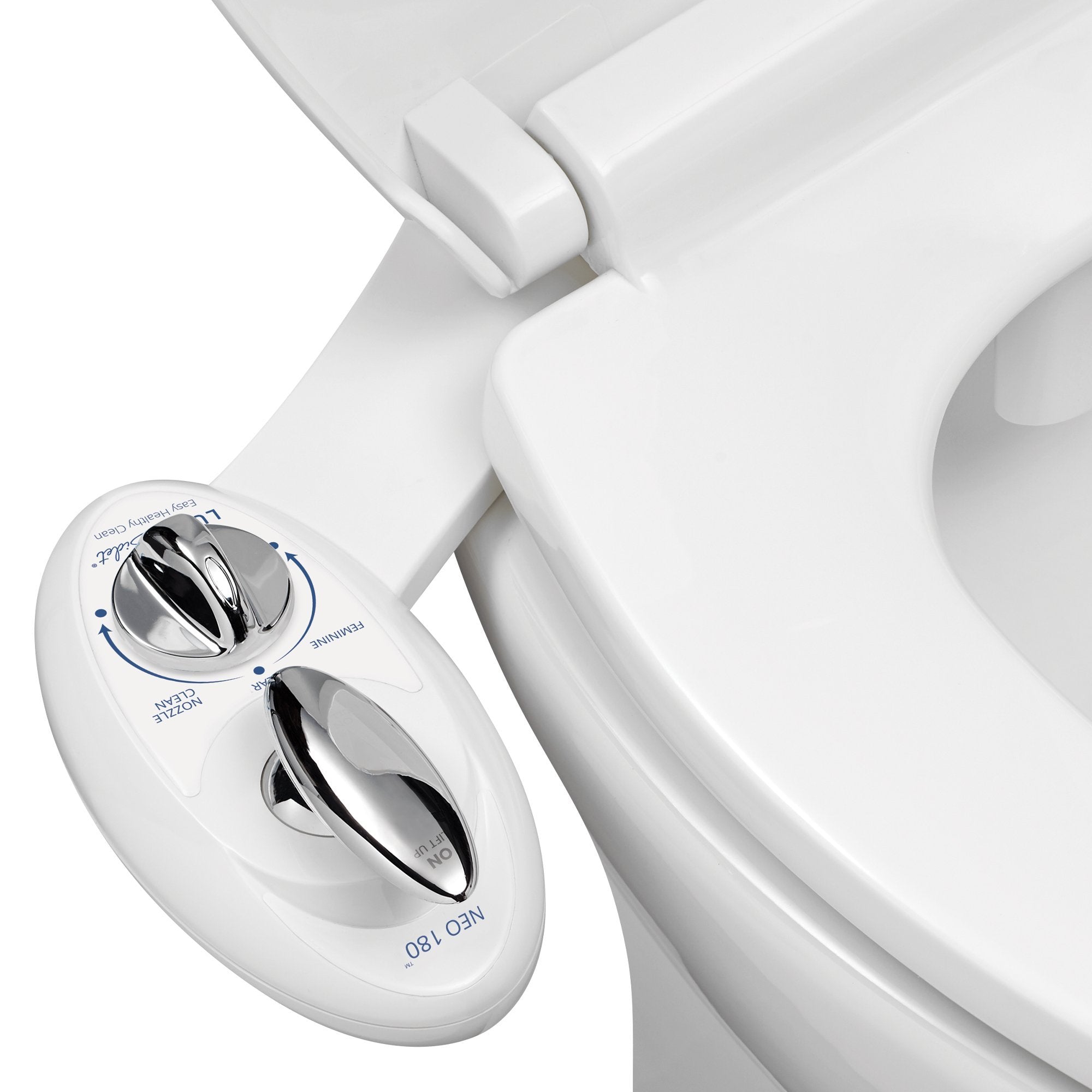 NEO 180 White installed on a toilet, open lid
