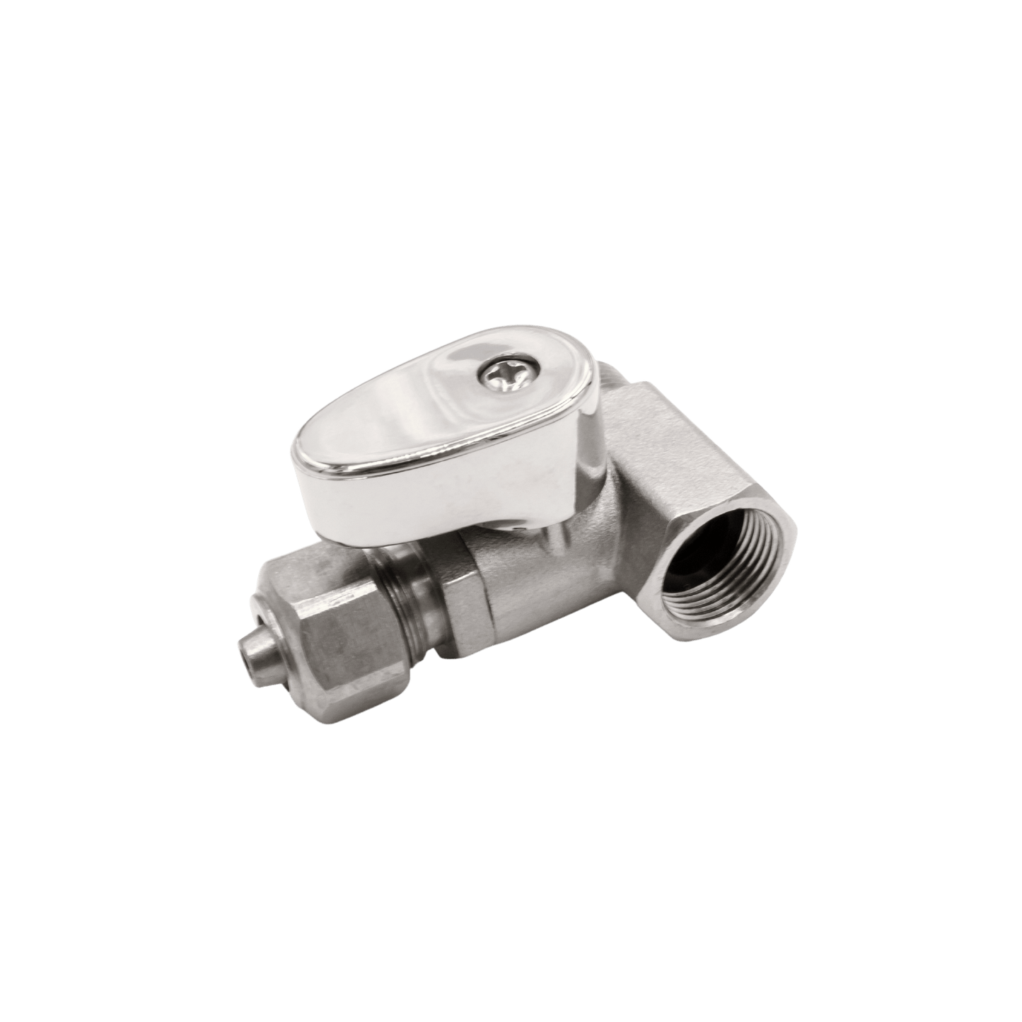 Hot Water Teardrop Nickel Shut-Off T-Adapter for NEO series, angled view