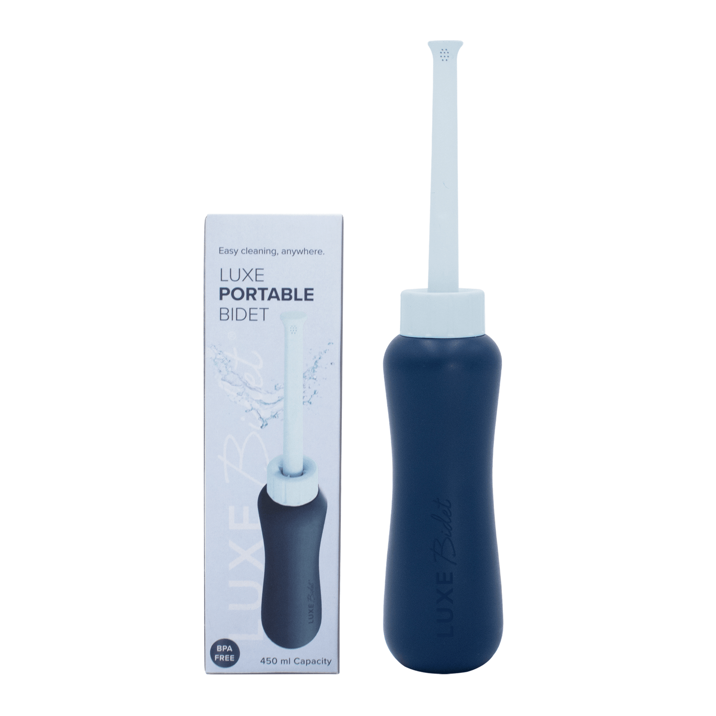 LUXE Portable Bidet has its baby blue nozzle cap extended while standing up next to its packaging