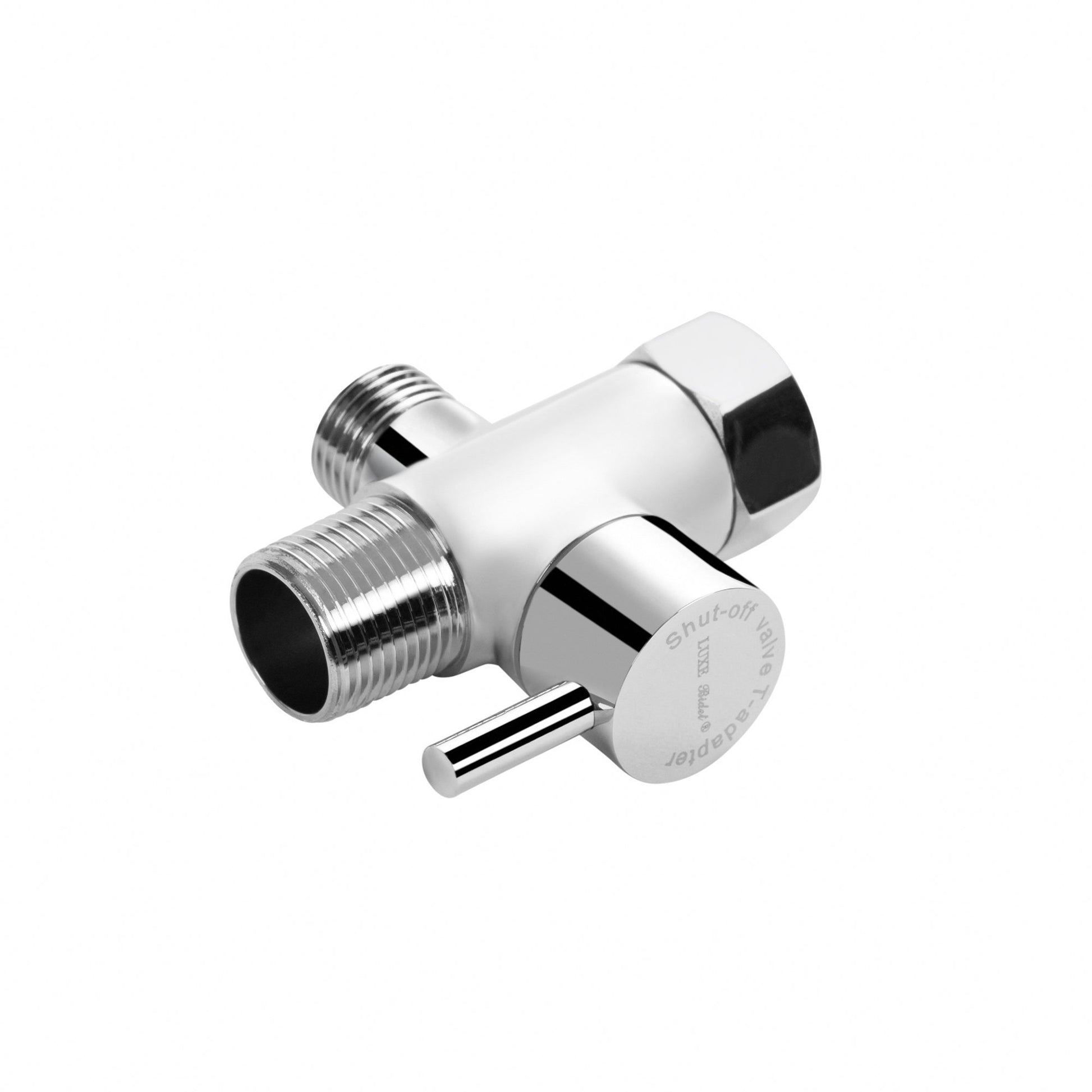 Cold Water Original Chrome Shut-Off T-Adapter for NEO series, angled view