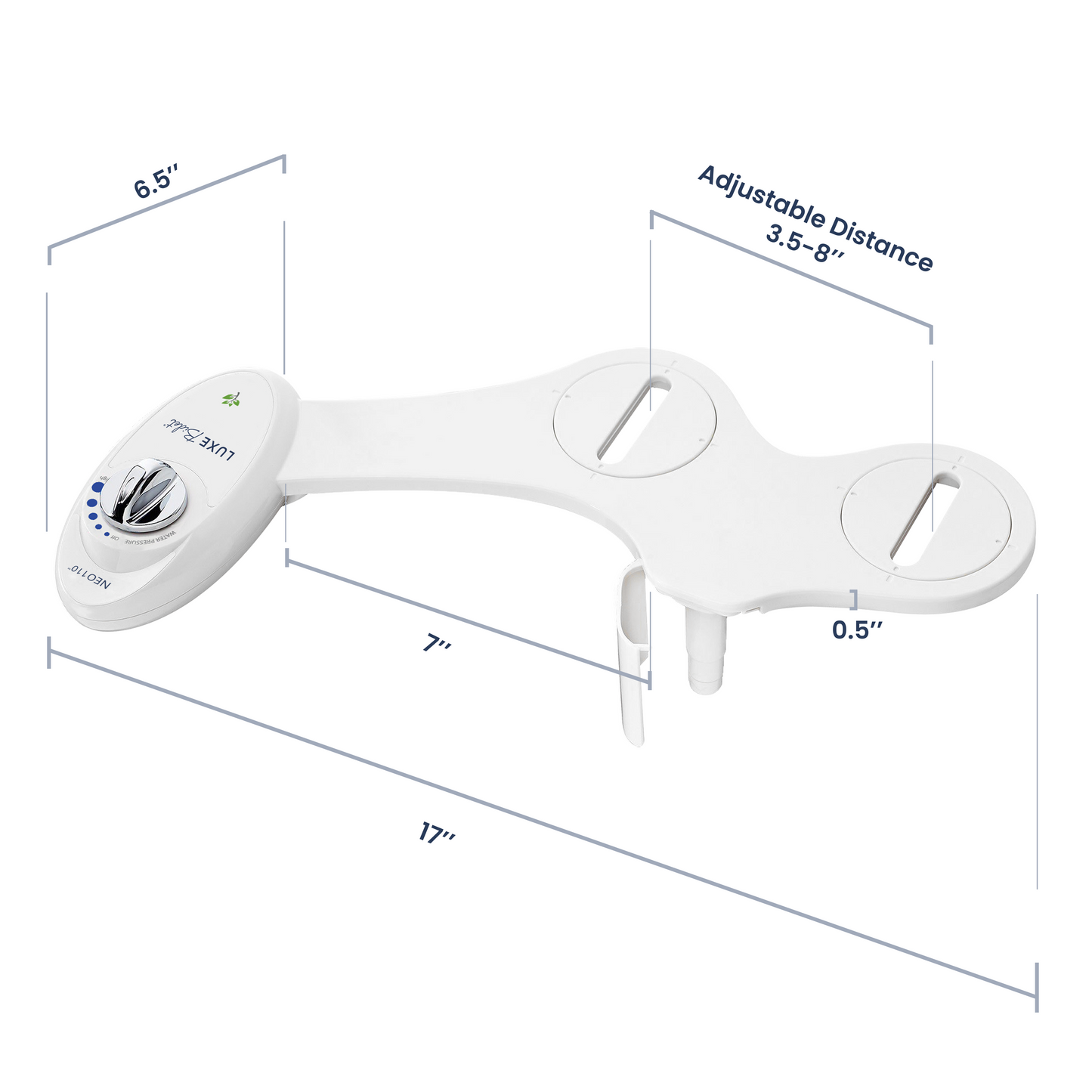 NEO Measurements: 17" long bidet, 6.5" long control panel, 7" distance between control panel to guard gate, and 0.5" thick