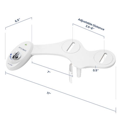 NEO Measurements: 17" long bidet, 6.5" long control panel, 7" distance between control panel to guard gate, and 0.5" thick