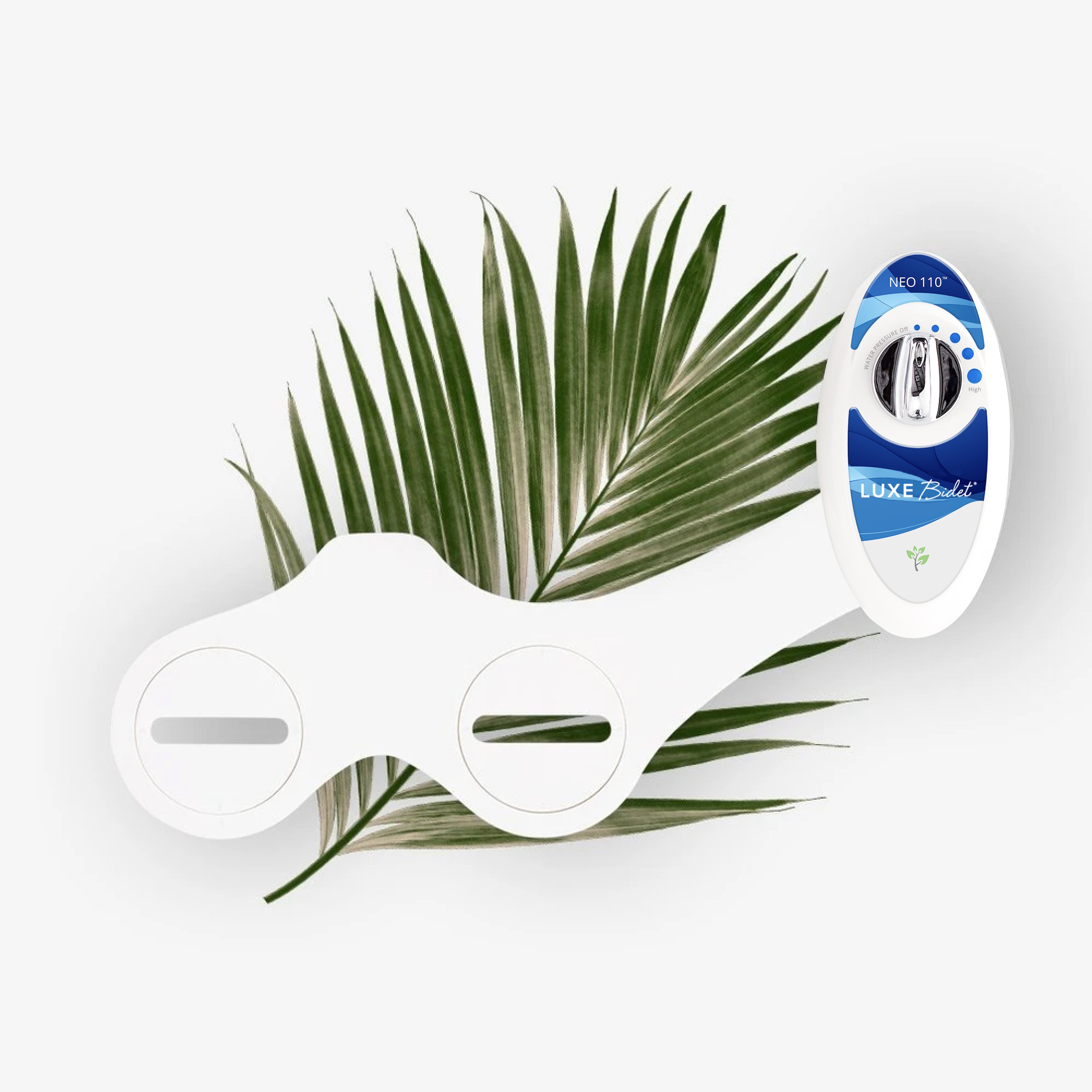 NEO 110 Blue bidet body shown with a leaf background