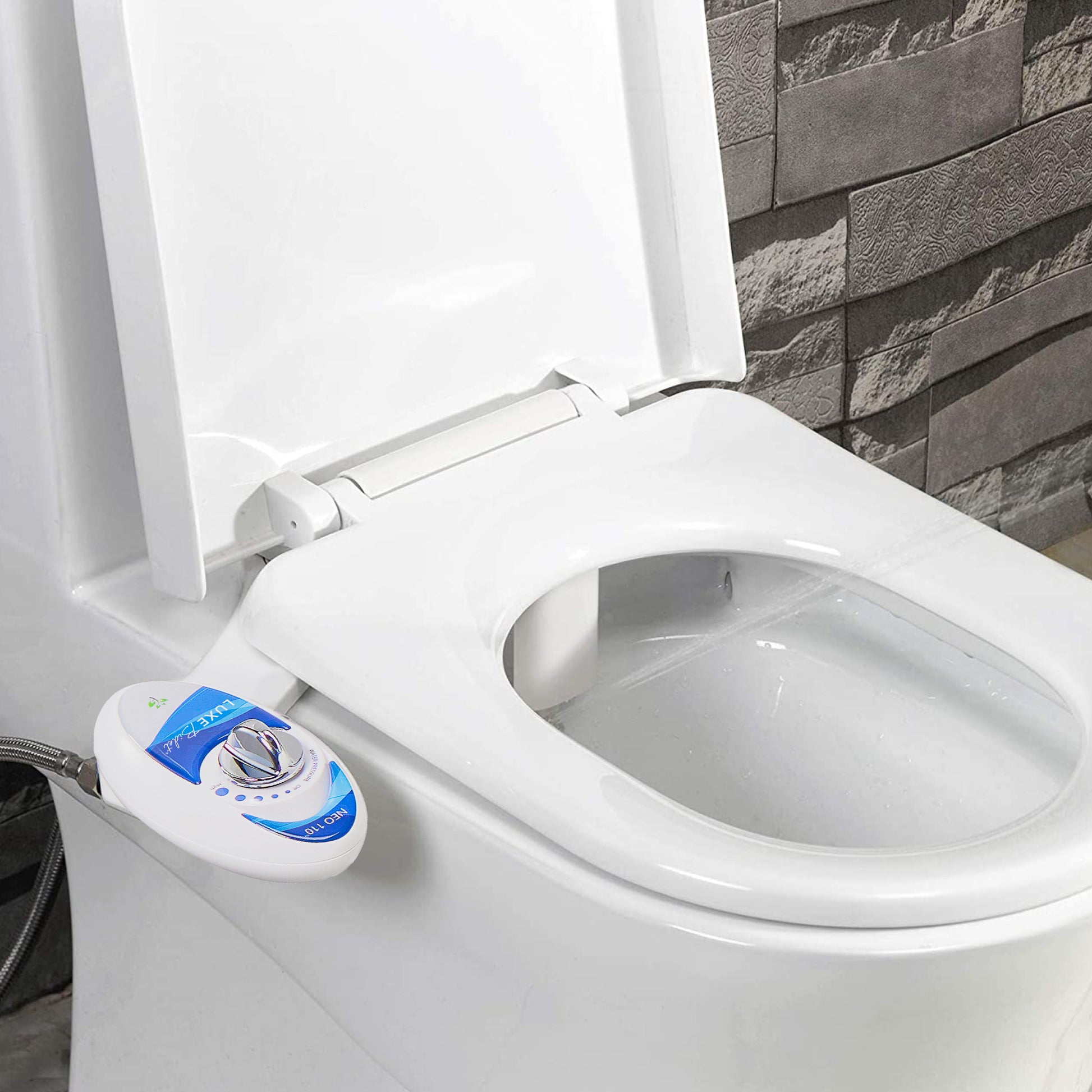 NEO 110 Blue installed on a toilet with water spraying from nozzles