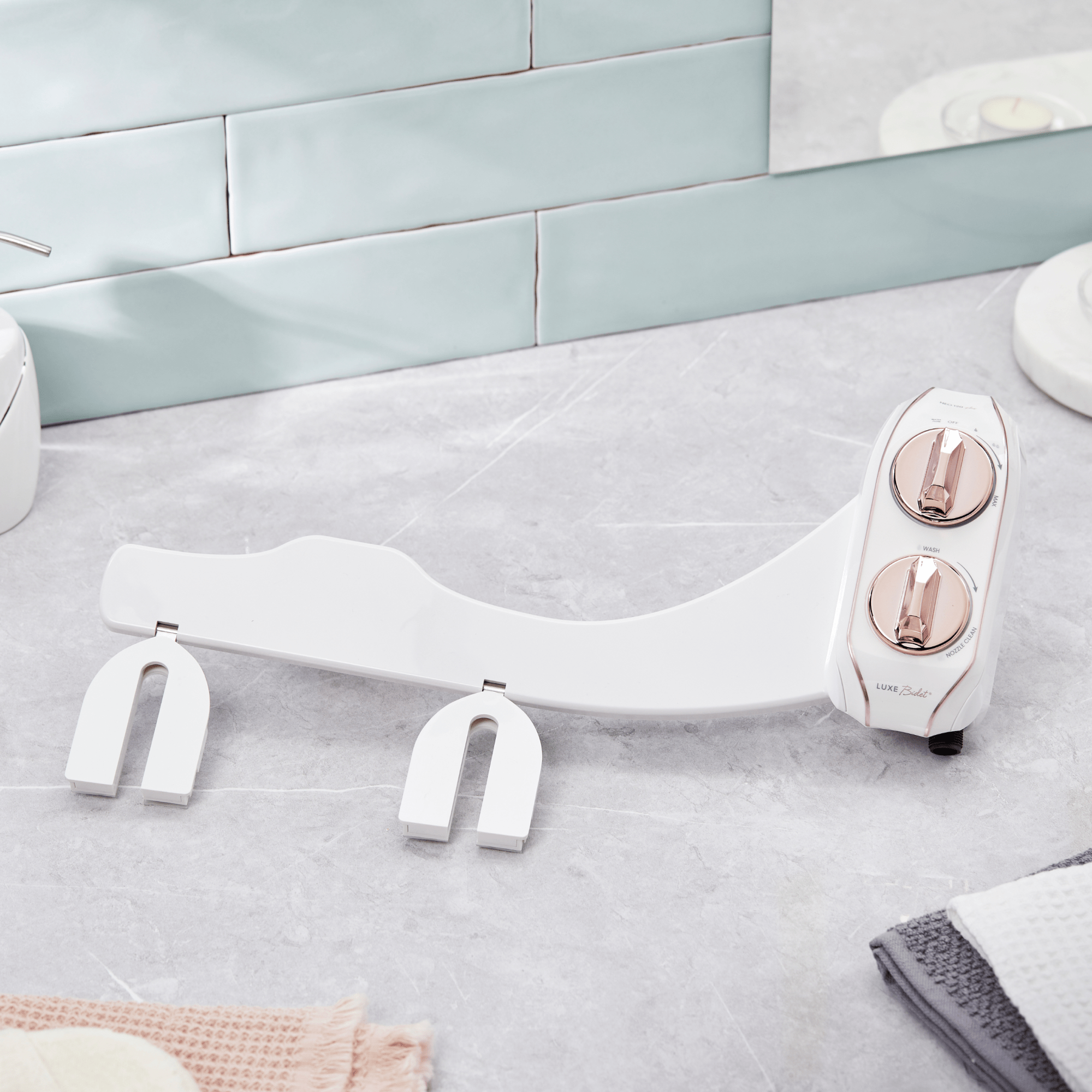 NEO 120 Plus: Imperfect Packaging - NEO 120 Plus Rose Gold propped up to see entire bidet body