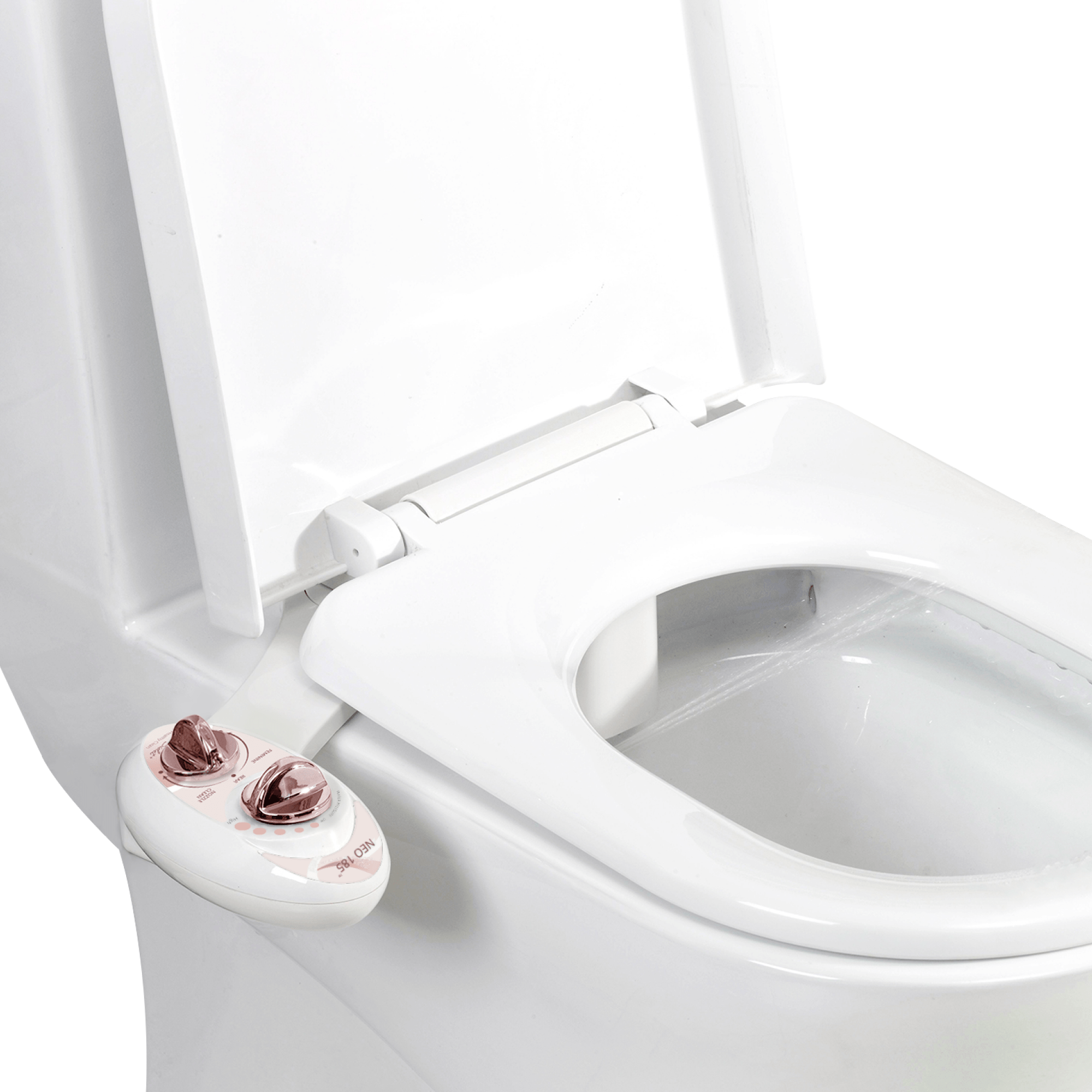 NEO 185: Imperfect Packaging - NEO 185 Rose Gold installed on a toilet with water spraying from nozzles