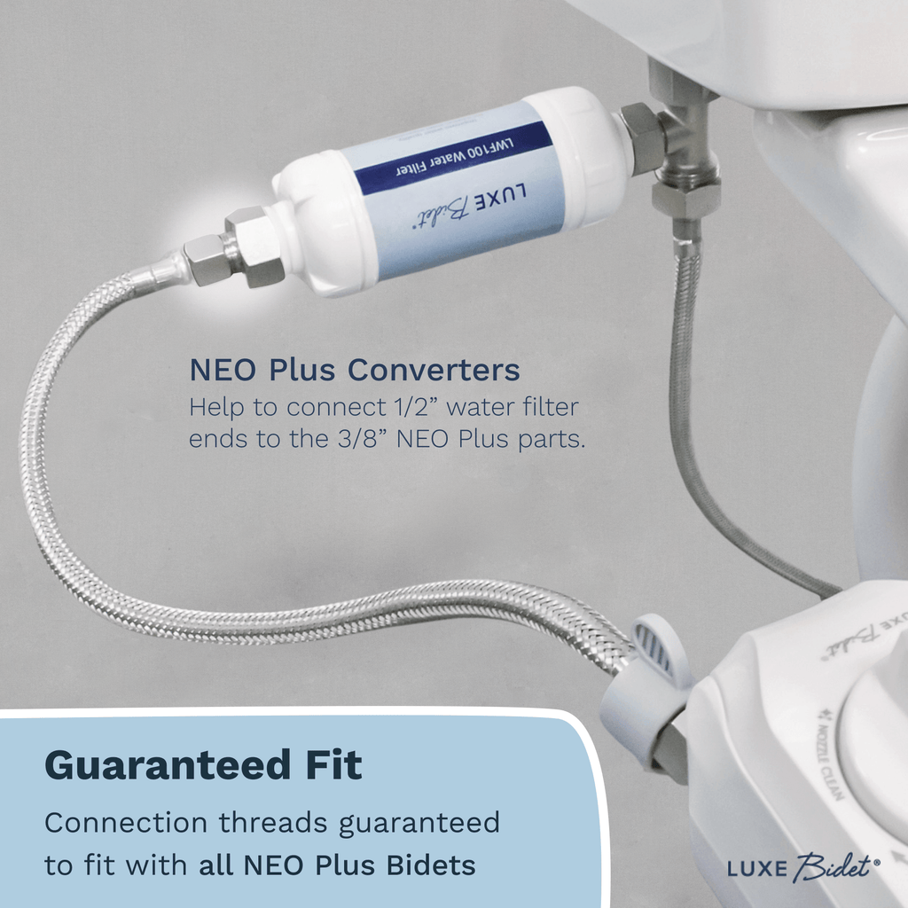 LUXE Bidet 4-in-1 Filtration Water Filter with 3/8" Metal Converters installed for a NEO Plus Series bidet.