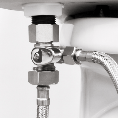 Cold Water Teardrop Nickel Shut-Off T-Adapter for NEO series installed at the toilet fill valve, in the on position