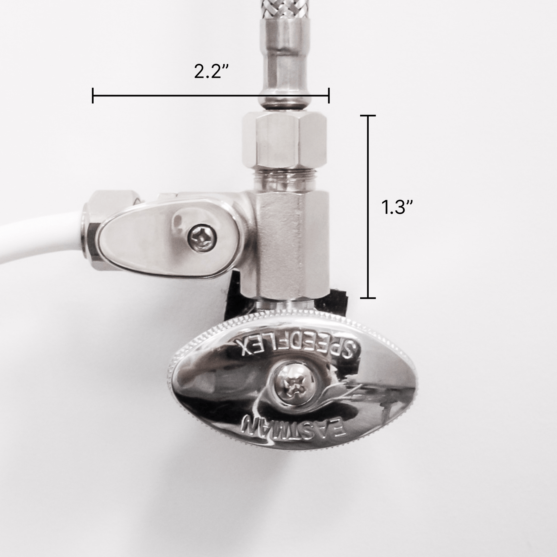Hot Water Teardrop Nickel Shut-Off T-Adapter in off position. Length: 2.2 inches, Height: 1.3 inches