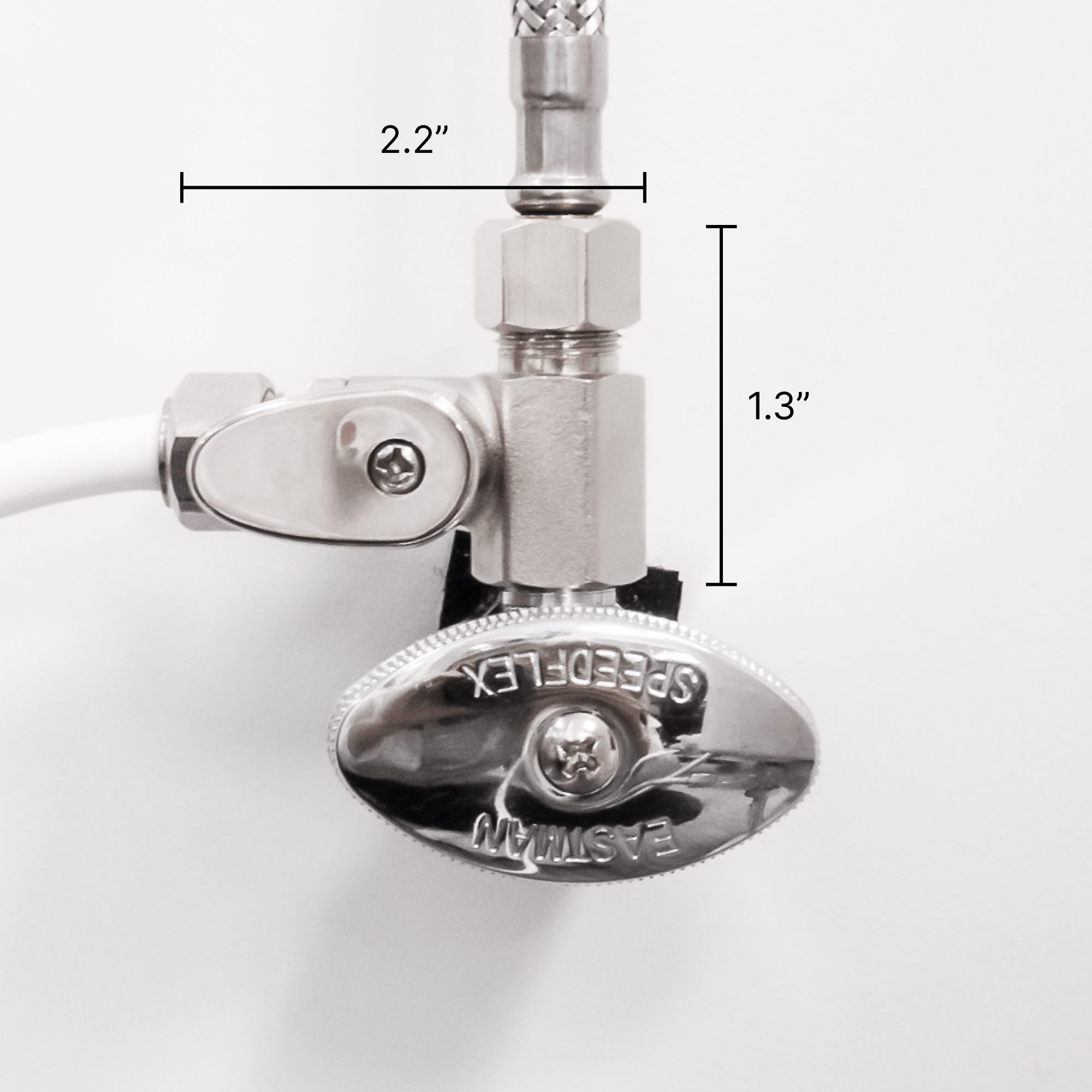 Hot Water Shut-Off T-Adapter in off position. Length: 2.2 inches, Height: 1.3 inches