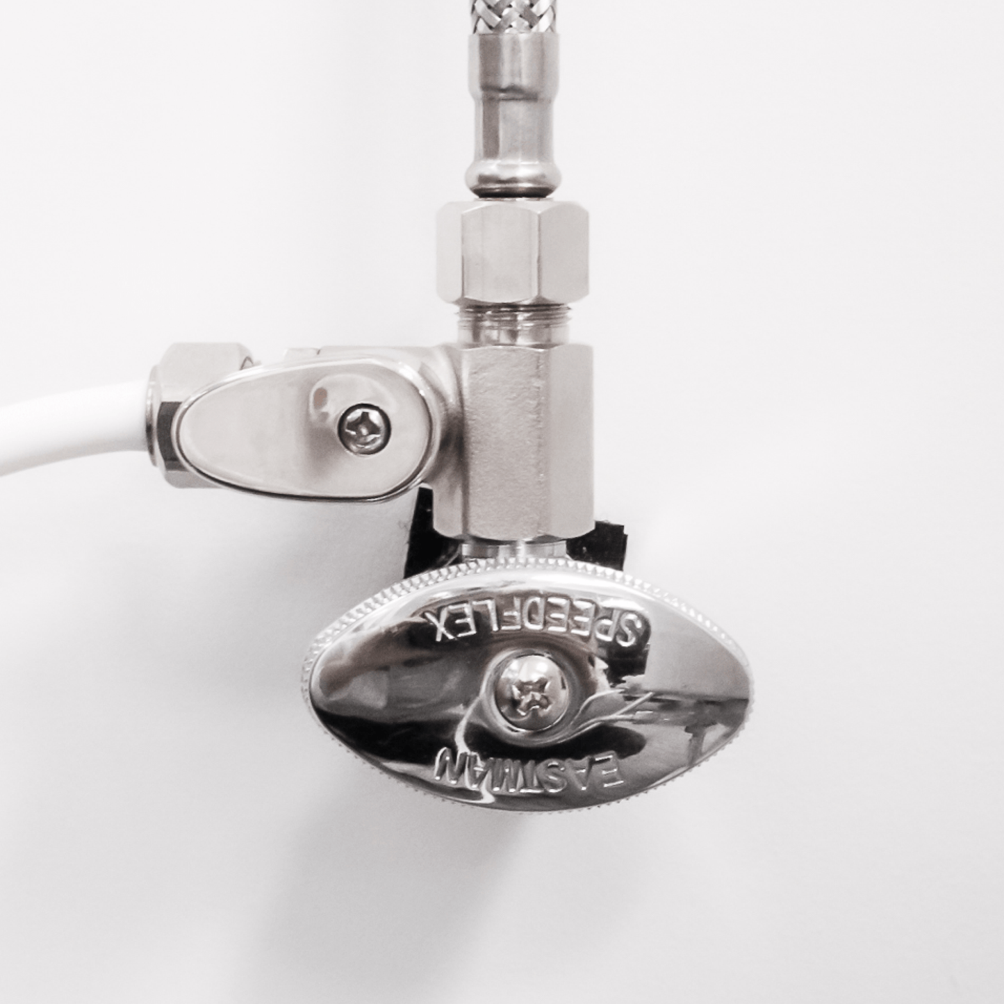 Hot Water Teardrop Nickel Shut-Off T-Adapter installed at sink supply valve, in on position