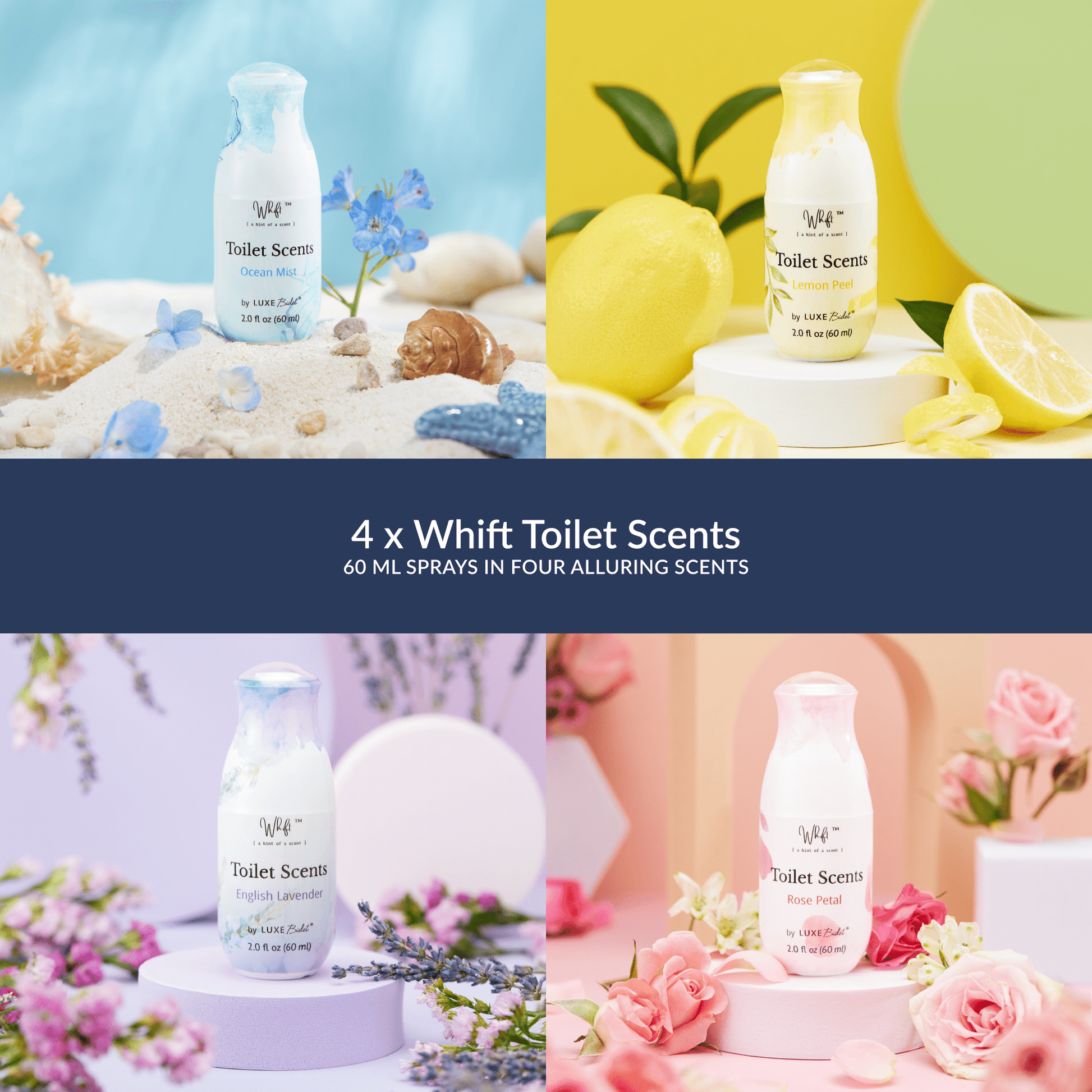 4 Whift Toilet Scents (60 mL Sprays) in Ocean Mist, Lemon Peel, English Lavender, and Rose Petal