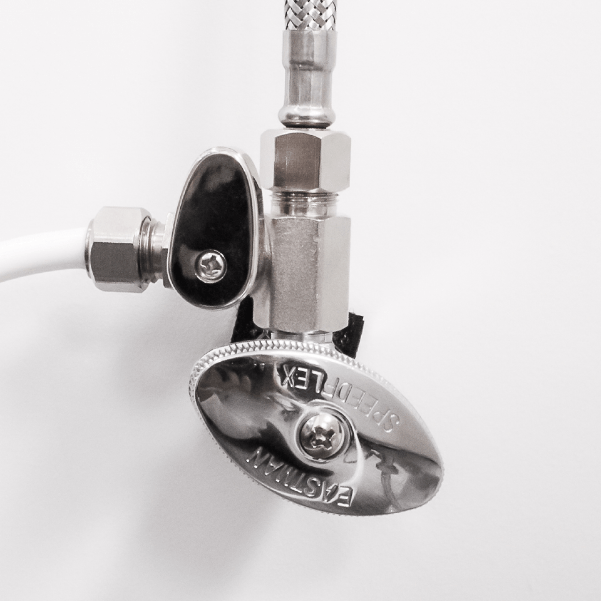 Hot Water Teardrop Nickel Shut-Off T-Adapter at sink supply valve, in off position