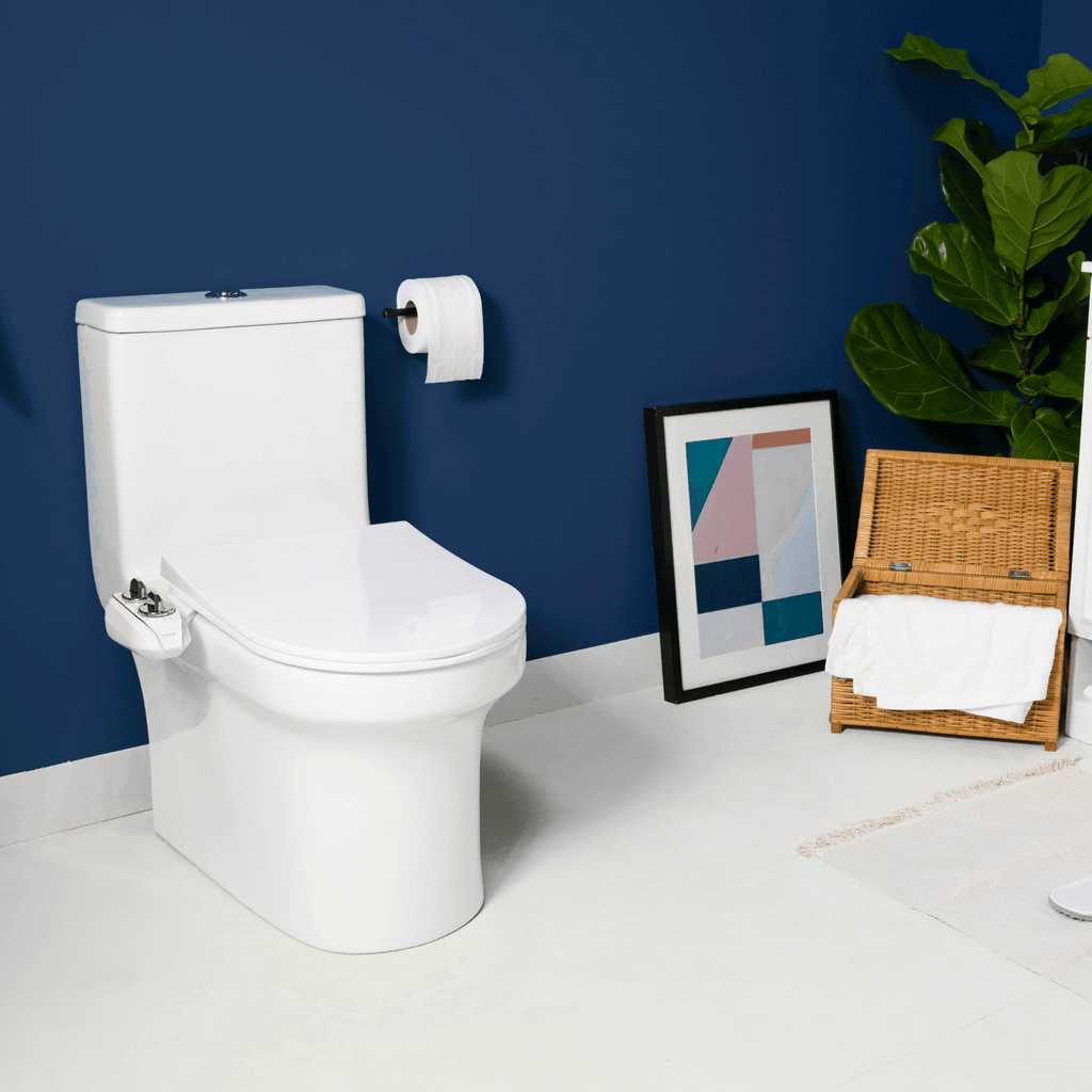 NEO 120 Plus Chrome installed on a toilet, in a modern blue bathroom with a plant, painting, and basket of towels